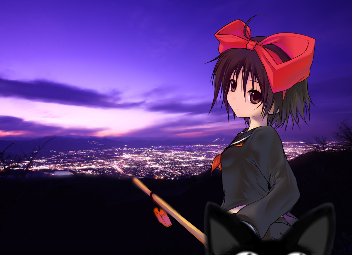 suga hideo, jiji (majo no takkyuubin), kiki (majo no takkyuubin), majo no takkyuubin, studio ghibli, 1980s (style), bad id, bad pixiv id, black cat, bow, broom, cat, hair bow, oldschool, retro artstyle, school uniform, serafuku, short hair, sky, solo focus