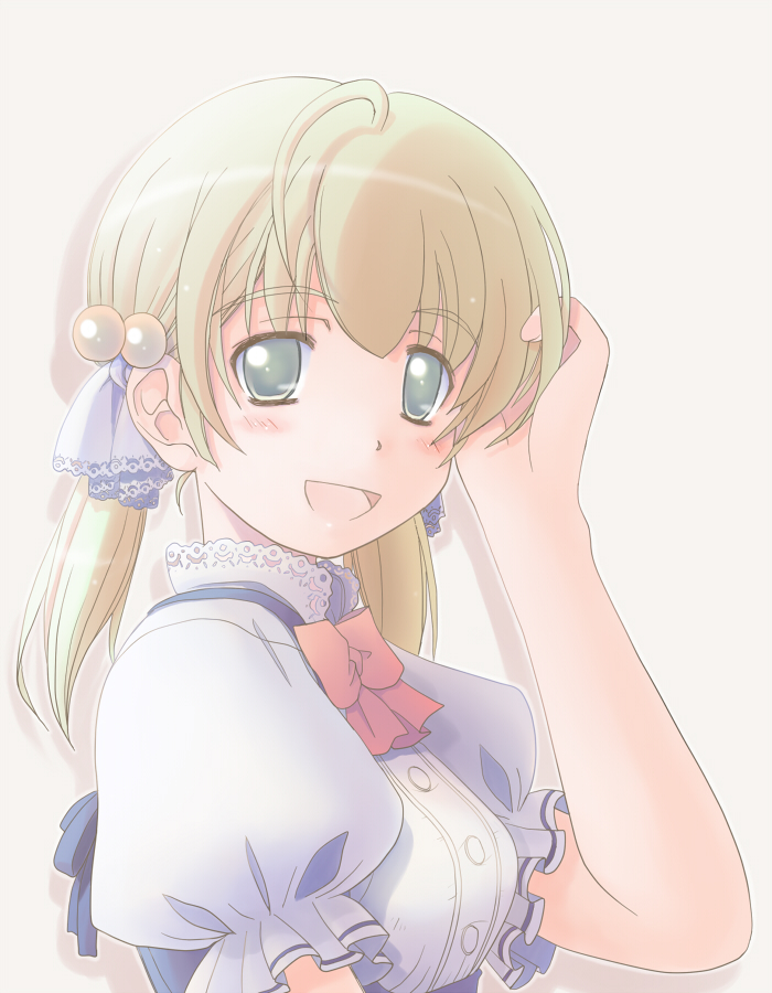 mochizuki saku, original, bad id, bad pixiv id, blonde hair, hair bobbles, hair ornament, hair ribbon, lace, maid, open mouth, ribbon, smile, twintails, waitress