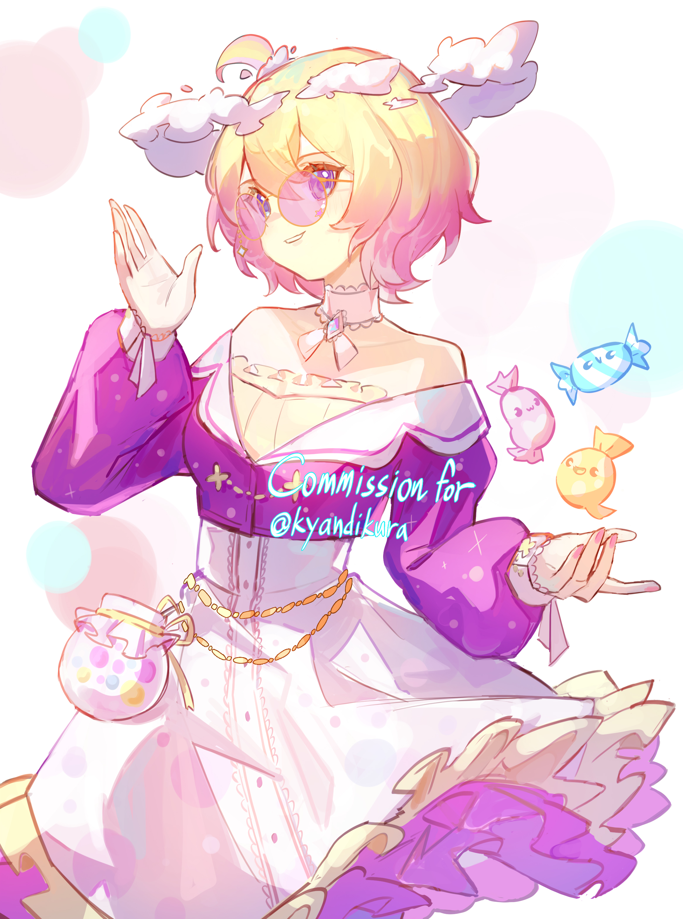 shouz, original, absurdres, commentary, commission, english commentary, highres, 1girl, ahoge, bare shoulders, blonde hair, breasts, candy, candy jar, candy wrapper, choker, cloud, cowboy shot, double-parted bangs, fingernails, food, frilled skirt, frills, hair between eyes, hand up, high-waist skirt, jar, long sleeves, looking at viewer, parted lips, pink nails, purple-tinted eyewear, purple eyes, purple shirt, round eyewear, shirt, short hair, skirt, small breasts, smile, solo, sunglasses, tinted eyewear, white background, white choker, white skirt, wrapped candy