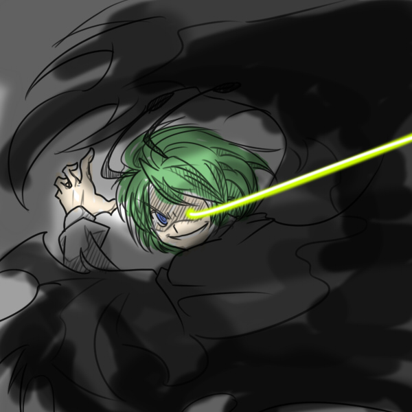 wabi (wbsk), wabi tsubaki, wriggle nightbug, touhou, 1girl, androgynous, antennae, blue eyes, cape, female focus, green hair, reverse trap, short hair, solo