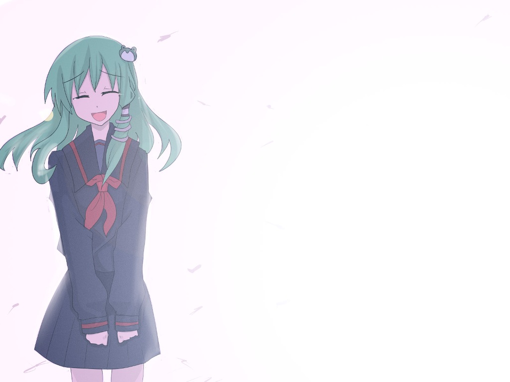 akatoro (nightlord), toro (pixiv), kochiya sanae, touhou, 1girl, alternate costume, female focus, gradient background, school uniform, serafuku, skirt, solo, white background