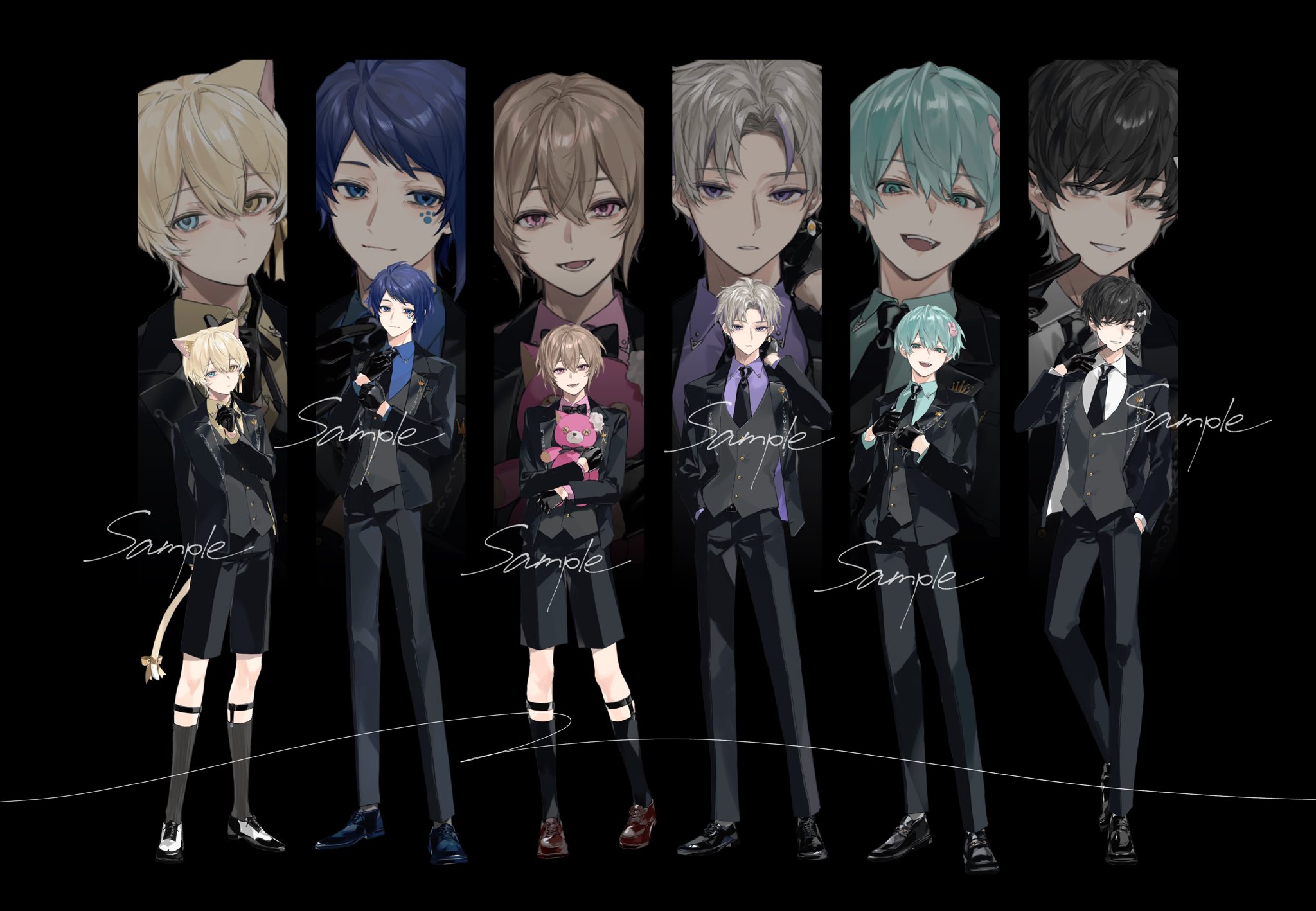 kaguya13 ils, highres, official art, 6+boys, :/, :d, adjusting clothes, adjusting gloves, ama. (utaite), animal ears, aqua eyes, aqua hair, aqua shirt, arm behind back, belt, belt buckle, black background, black belt, black bow, black bowtie, black gloves, black hair, black jacket, black necktie, black pants, black ribbon, black shoes, black shorts, black socks, black suit, blonde hair, blue eyes, blue hair, blue shirt, bow, bowtie, brown shoes, buckle, cat boy, cat ears, cat tail, closed mouth, collared shirt, cross-laced shoes, crown (symbol), curtained hair, dress pants, dress shoes, earrings, egg earrings, expressionless, facial tattoo, finger to mouth, formal clothes, full body, gloves, grey eyes, grey hair, grey socks, grey vest, hair between eyes, hair ornament, hairclip, half gloves, hand in pocket, hand on own neck, heterochromia, holding, holding stuffed toy, hugging object, jacket, jewelry, kanata (utaite), komugiko (utaite), lapel pin, lapels, legwear garter, lineup, long sleeves, looking at viewer, male focus, masatoshi (utaite), monk shoes, multicolored hair, multiple boys, neck ribbon, necktie, notched lapels, open clothes, open jacket, open mouth, oxfords, pants, parted bangs, parted lips, paw print, paw tattoo, pink eyes, pink hair, pink shirt, purple eyes, purple hair, purple shirt, rabbit hair ornament, re: (utaite), ribbon, saddle shoes, sample watermark, seven's proud, shirt, shoes, short hair, shorts, simple background, single earring, smile, socks, standing, streaked hair, stuffed animal, stuffed cat, stuffed toy, stuffing, sueyoshi kaki, suit, suit jacket, swept bangs, tail, tail bow, tail ornament, tattoo, traditional bowtie, utaite, vest, watermark, white shirt, white shoes, yellow eyes, yellow shirt, zoom layer