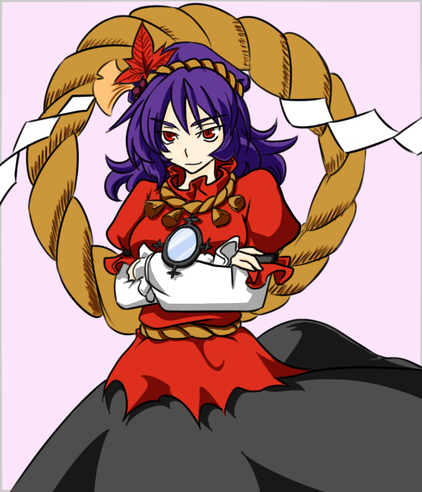 wabi (wbsk), wabi tsubaki, yasaka kanako, touhou, 1girl, female focus, hair ornament, leaf hair ornament, mirror, purple hair, red eyes, rope, shimenawa, short hair, solo