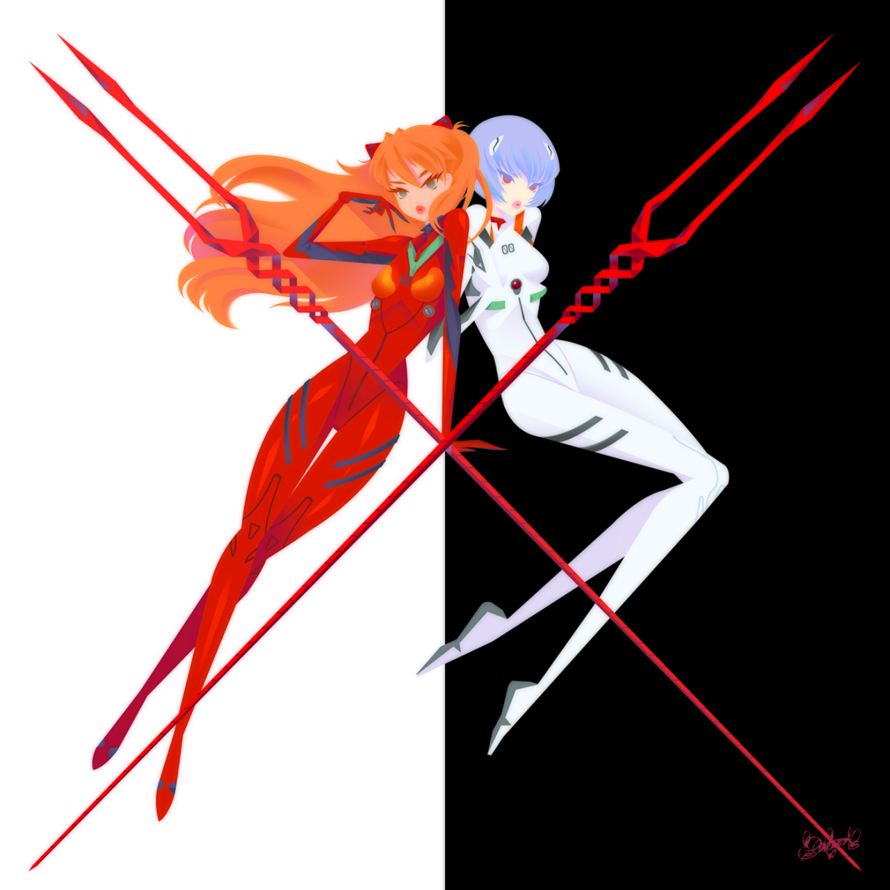 eastwood wong, ayanami rei, souryuu asuka langley, neon genesis evangelion, commentary, english commentary, highres, 2girls, blue hair, bodysuit, full body, interface headset (evangelion), lance of longinus (evangelion), long hair, mecha pilot suit, multiple girls, plugsuit (evangelion), red bodysuit, red hair, short hair, signature, white bodysuit