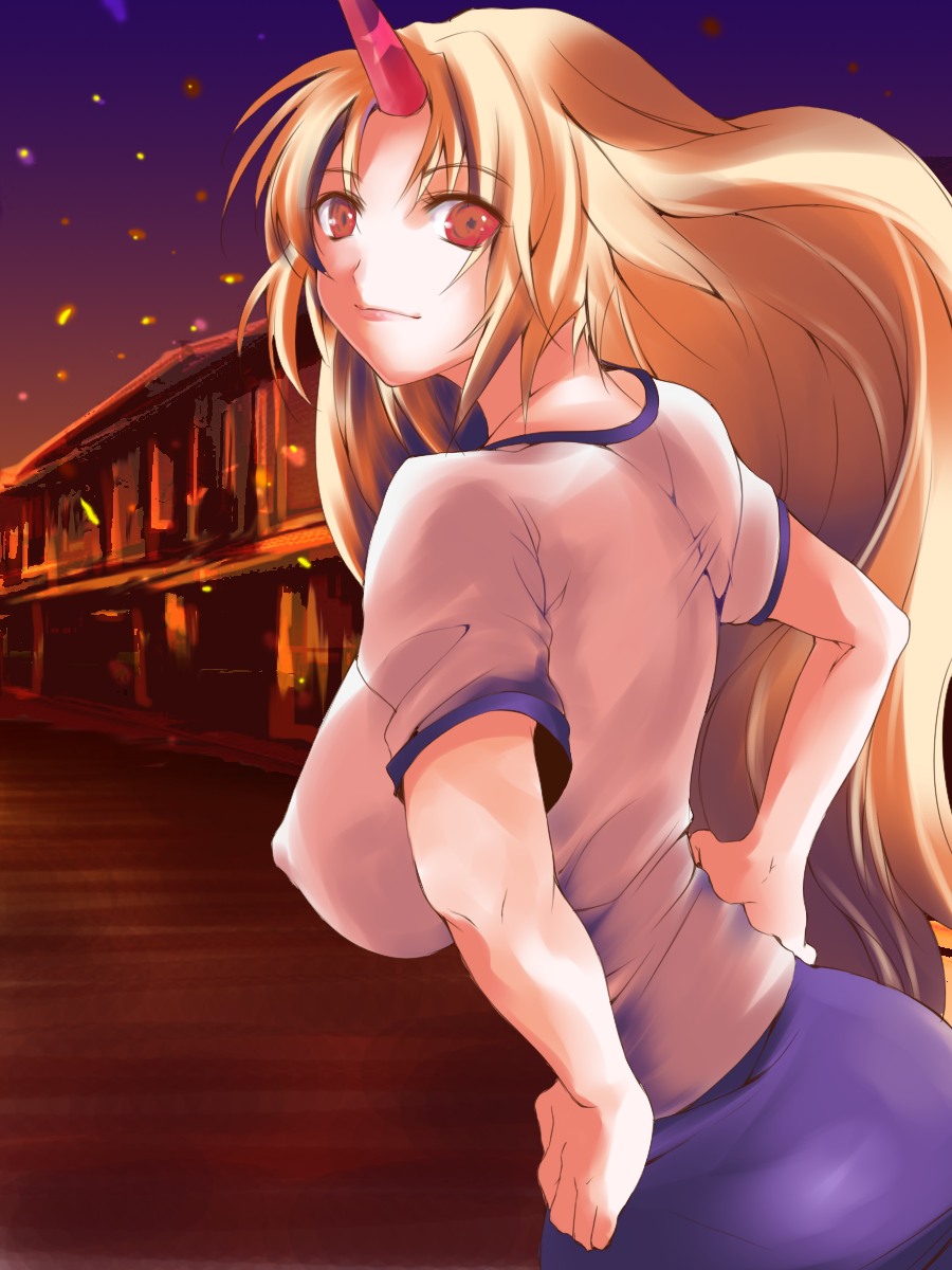 atoshi, hoshiguma yuugi, touhou, bad id, bad pixiv id, highres, 1girl, alternate costume, blonde hair, breasts, covered erect nipples, female focus, gym uniform, hands on own hips, horns, large breasts, long hair, looking back, night, red eyes, single horn, smile, solo