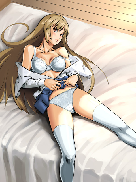 nyamota, minami haruka, minami-ke, bad id, bad pixiv id, 00s, 1girl, bed, bra, breasts, brown eyes, brown hair, clothes lift, female focus, large breasts, lingerie, long hair, lying, open clothes, open shirt, panties, school uniform, shirt, skirt, skirt lift, solo, strap slip, thighhighs, underwear, white panties