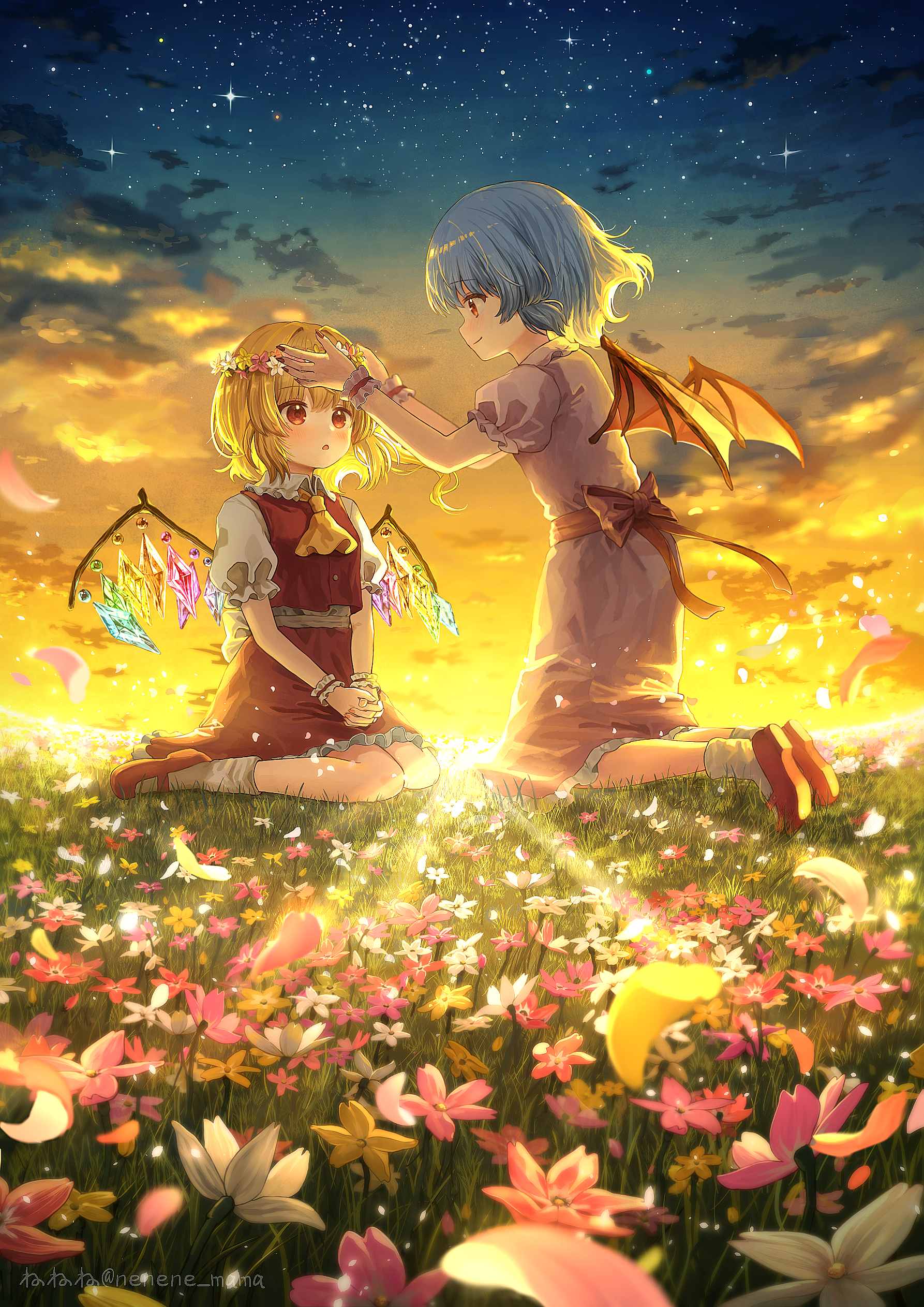 nene man, flandre scarlet, remilia scarlet, touhou, absurdres, commentary request, highres, 2girls, bat wings, blonde hair, blue hair, crystal wings, glowing, golden hour, head wreath, holding hands, kneeling, multiple girls, nature, petals, red eyes, scenery, short hair, siblings, sisters, sky, smile, sparkle, sunset, wings