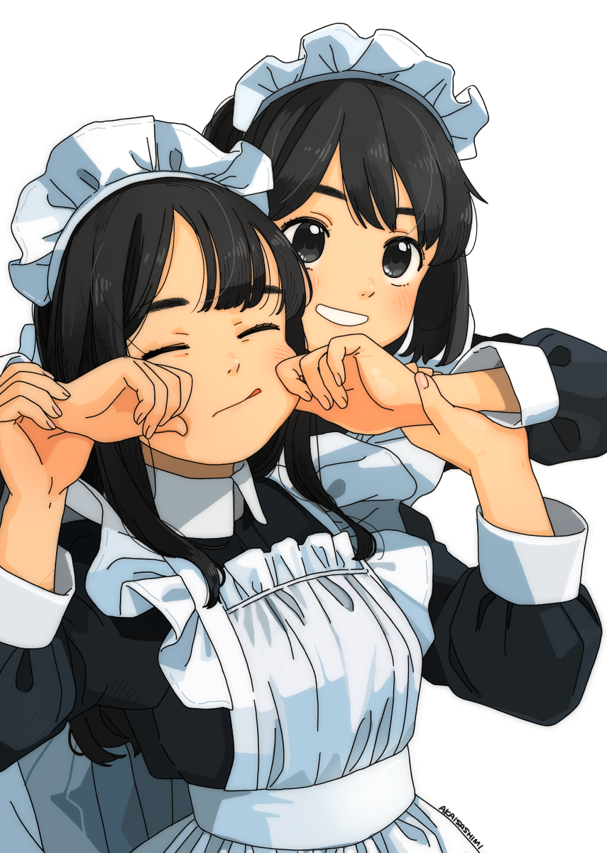 akai sashimi, original, commentary request, highres, 2girls, alternate costume, apron, black eyes, black hair, closed eyes, dress, frills, holding hands, interlocked fingers, long hair, long sleeves, maid, maid headdress, multiple girls, smile, white background