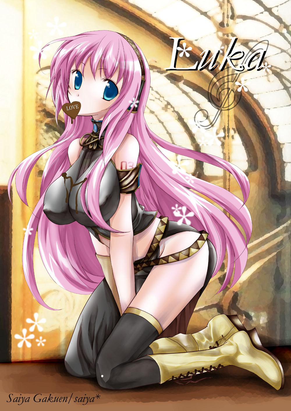 saiya, megurine luka, vocaloid, bad id, bad pixiv id, highres, 1girl, breasts, chocolate, covered erect nipples, female focus, full body, indoors, large breasts, long hair, mouth hold, pink hair, solo, thighhighs, valentine, very long hair