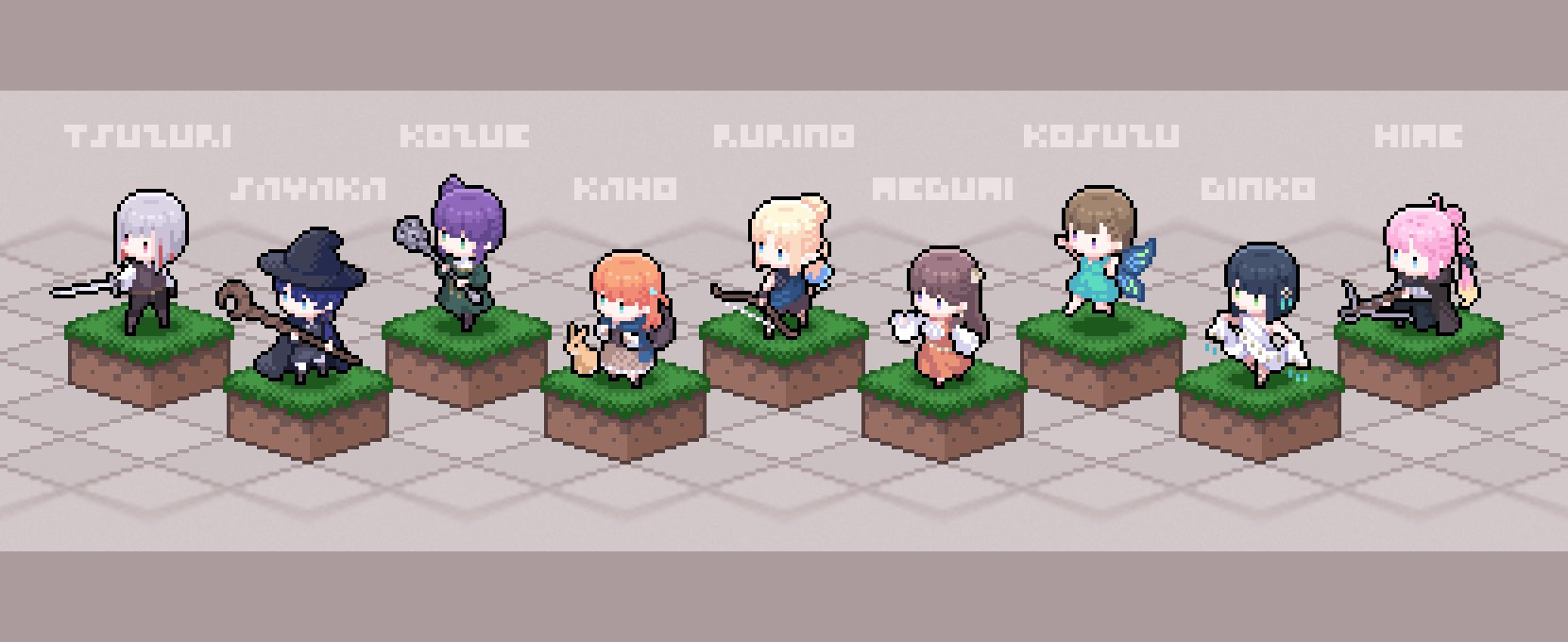 yuurashia, anyoji hime, fujishima megumi, hinoshita kaho, kachimachi kosuzu, momose ginko, murano sayaka, osawa rurino, otomune kozue, yugiri tsuzuri, hasunosora fantasy, link! like! love live!, love live!, highres, 6+girls, alternate universe, bag, black hair, black hat, black ribbon, black vest, blonde hair, blue hair, bow (weapon), brown hair, chibi, crossbow, dress, fairy, gradient hair, green dress, green eyes, hair bun, hair ornament, hair ribbon, hat, holding, holding sword, holding weapon, isometric, mace, mage staff, multicolored hair, multiple girls, pink hair, pixel art, ponytail, purple hair, rabbit, rabbit hair ornament, red hair, ribbon, staff, standing, streaked hair, sword, vest, weapon, white hair, witch hat
