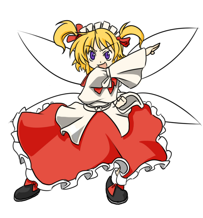 wabi (wbsk), wabi tsubaki, sunny milk, eastern and little nature deity, touhou, 1girl, blonde hair, female focus, hair ribbon, purple eyes, ribbon, short hair, solo, twintails, two side up, wings