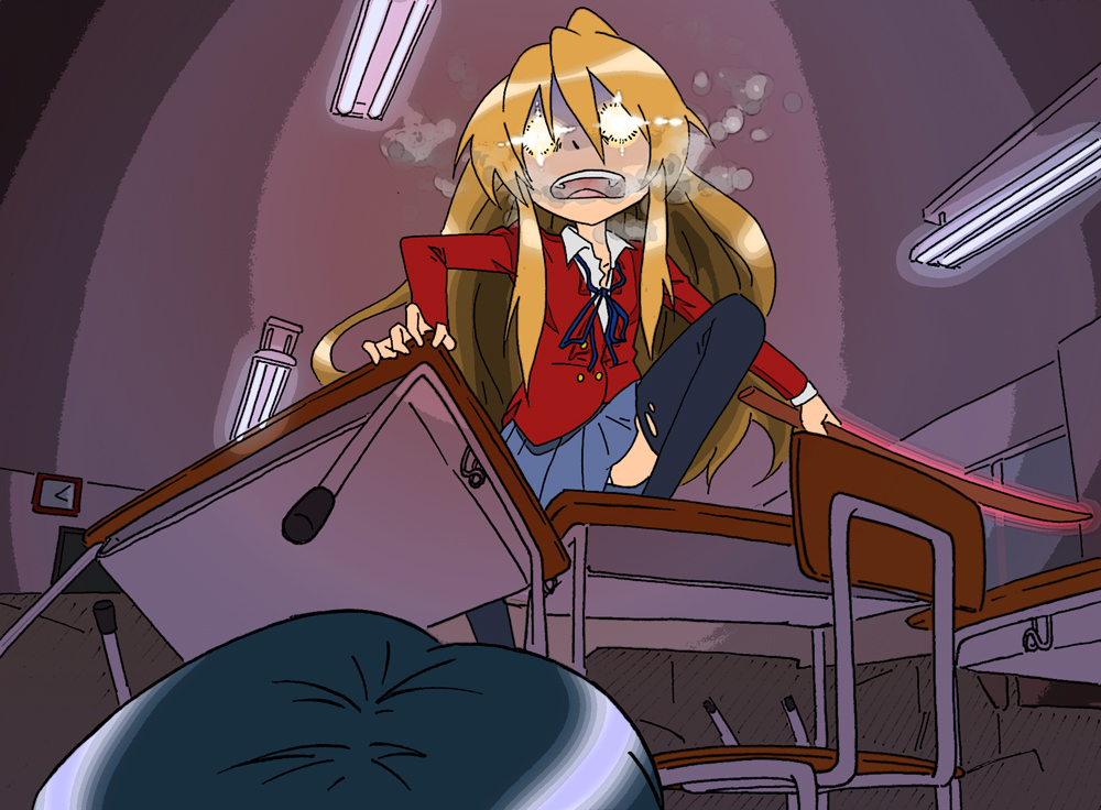 konoha (artist), konoha (gasumasuku), aisaka taiga, toradora!, bad id, bad pixiv id, + +, 00s, 1girl, bokken, brown hair, classroom, desk, female focus, glowing, glowing eyes, long hair, school, school desk, school uniform, skirt, solo, sword, thighhighs, torn clothes, torn thighhighs, weapon, wooden sword