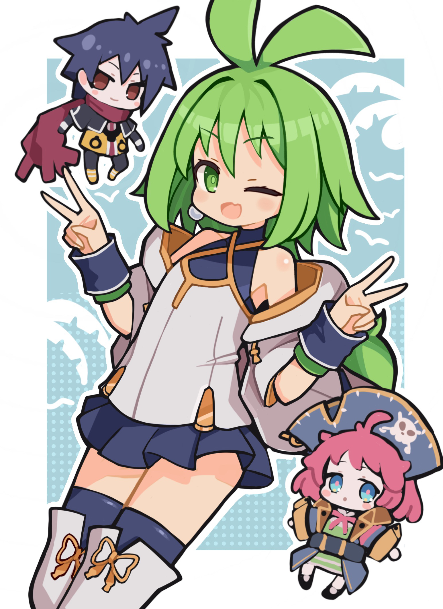 suaman, ash (phantom brave), marona (phantom brave), phantom brave, highres, 1boy, 2girls, ahoge, antenna hair, aprico (phantom brave), bare shoulders, blue eyes, blue hair, chibi, dress, earrings, green eyes, green hair, hat, jewelry, looking at viewer, low ponytail, miniskirt, multiple girls, open mouth, phantom brave: yuurei sendan to kieta eiyuu, pirate costume, pirate hat, ponytail, red eyes, scarf, short hair, skirt, smile, thighhighs, v