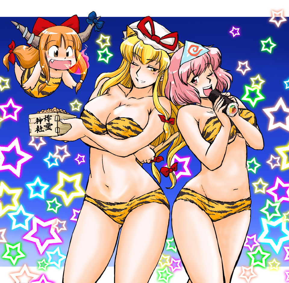 azuki osamitsu, ibuki suika, lum, lum (cosplay), saigyouji yuyuko, yakumo yukari, touhou, urusei yatsura, 3girls, animal print, beans, bikini, blonde hair, breasts, breath weapon, breathing fire, chibi, cleavage, cone horns, cosplay, female focus, fire, food, hair ribbon, hat, horns, large breasts, long hair, makizushi, mamemaki, midriff, multiple girls, oni, orange hair, pink eyes, pink hair, ribbon, setsubun, small horns, star (symbol), striped horns, sushi, swimsuit, tiger print, yellow eyes