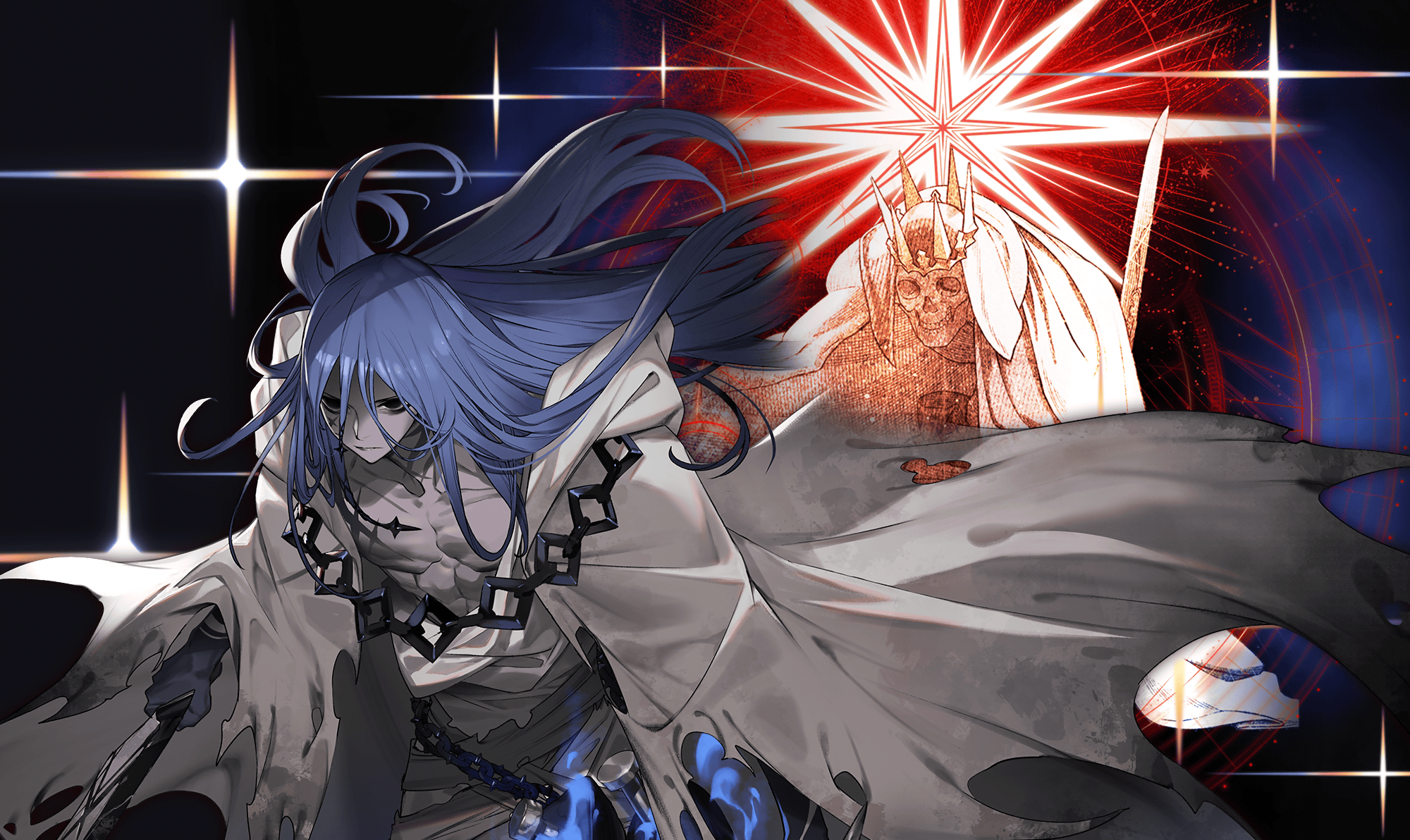 fate/grand order, fate (series), highres, key visual, official art, promotional art, second-party source, 1boy, azrael (fate), bags under eyes, black eyes, blue hair, colored skin, dark-skinned male, dark skin, grey skin, hair between eyes, hair ornament, holding, holding weapon, hooded robe, jewelry, long hair, male focus, necklace, pectorals, robe, scar, scar on chest, scar on face, solo, torn clothes, torn robe, upper body, weapon, white robe