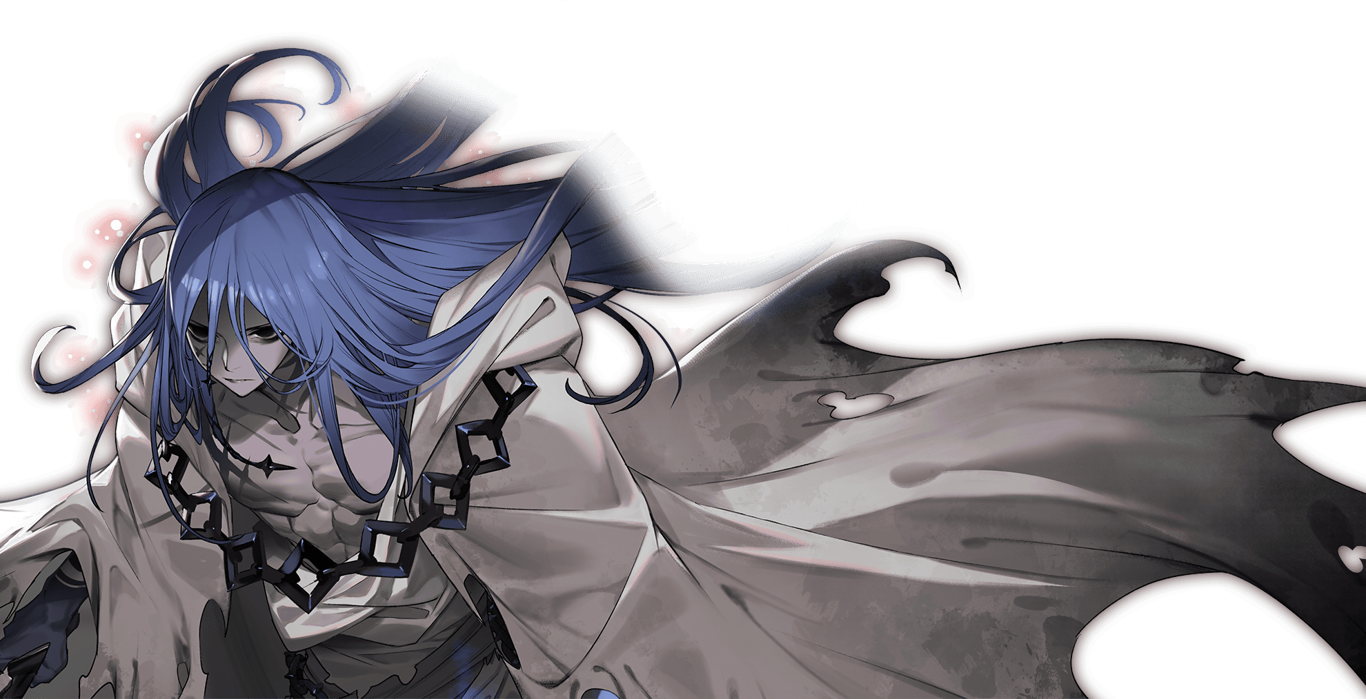 fate/grand order, fate (series), highres, official art, second-party source, 1boy, azrael (fate), bags under eyes, black eyes, blue hair, colored skin, dark-skinned male, dark skin, grey skin, hair between eyes, hair ornament, holding, holding weapon, hooded robe, jewelry, long hair, male focus, necklace, pectorals, robe, scar, scar on chest, scar on face, solo, torn clothes, torn robe, transparent background, upper body, weapon, white robe
