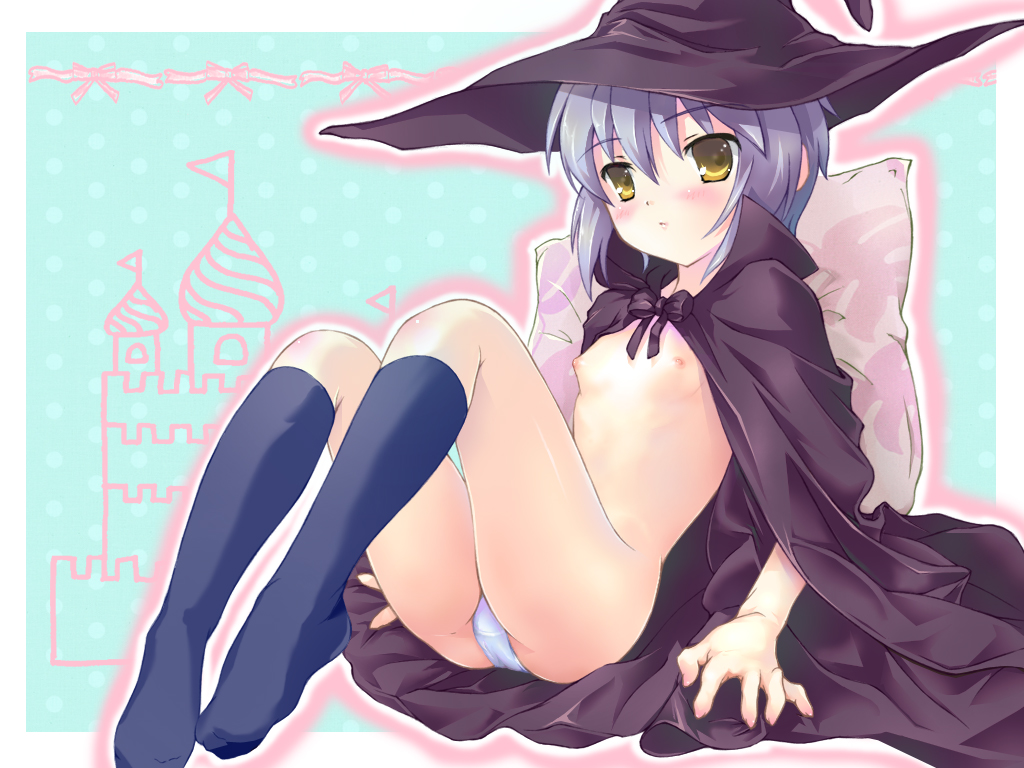 nagato yuki, suzumiya haruhi no yuuutsu, silver hair, 00s, 1girl, cape, female focus, flat chest, hat, kneehighs, nipples, panties, short hair, socks, solo, underwear, white panties, witch hat