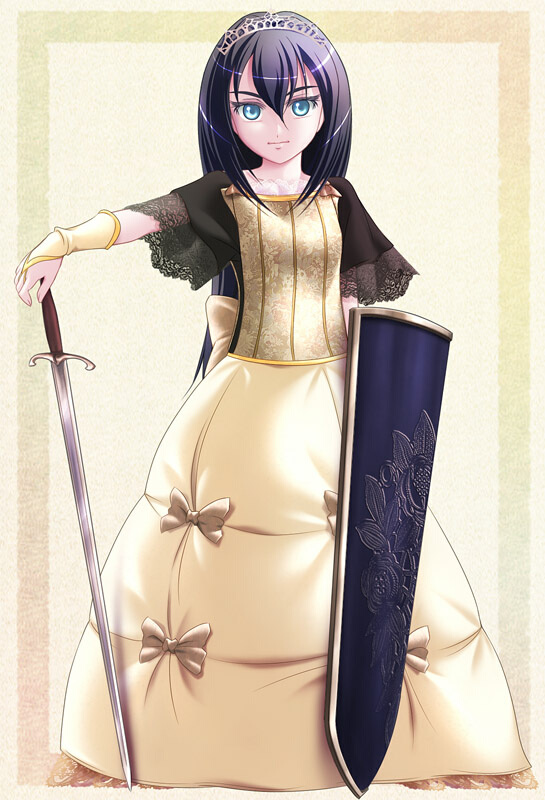 nakajou, original, blue eyes, bow, dress, fantasy, lace, long hair, purple hair, shield, solo, sword, tiara, weapon