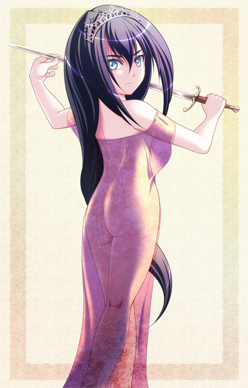 nakajou, original, 1girl, ass, blue eyes, dress, female focus, long hair, no panties, purple hair, see-through clothes, solo, sword, tiara, very long hair, weapon