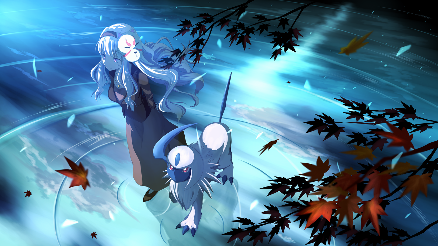 pori, absol, shijou takane, idolmaster, nintendo, pokemon, commentary request, 1girl, black dress, brown shoes, claws, crossover, dress, fox mask, from above, gen 3 pokemon, hairband, leaf, long hair, maple leaf, mask, mask on head, pink eyes, pokemon (creature), ripples, shoes, standing, standing on liquid