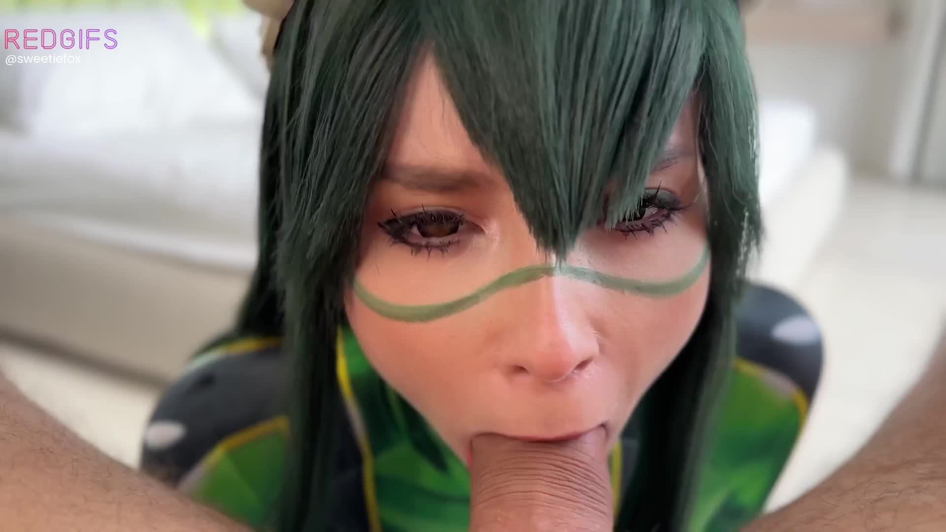 sweetie fox, asui tsuyu, boku no hero academia, real life, animated, tagme, video, 1boy, 1girl, asui tsuyu (cosplay), asui tsuyu (hero outfit), bed, bedroom, bodysuit, cosplay, fellatio, goggles, goggles on head, green bodysuit, green hair, hetero, indoors, licking, licking penis, long hair, looking at viewer, oral, penis, pov, superhero costume