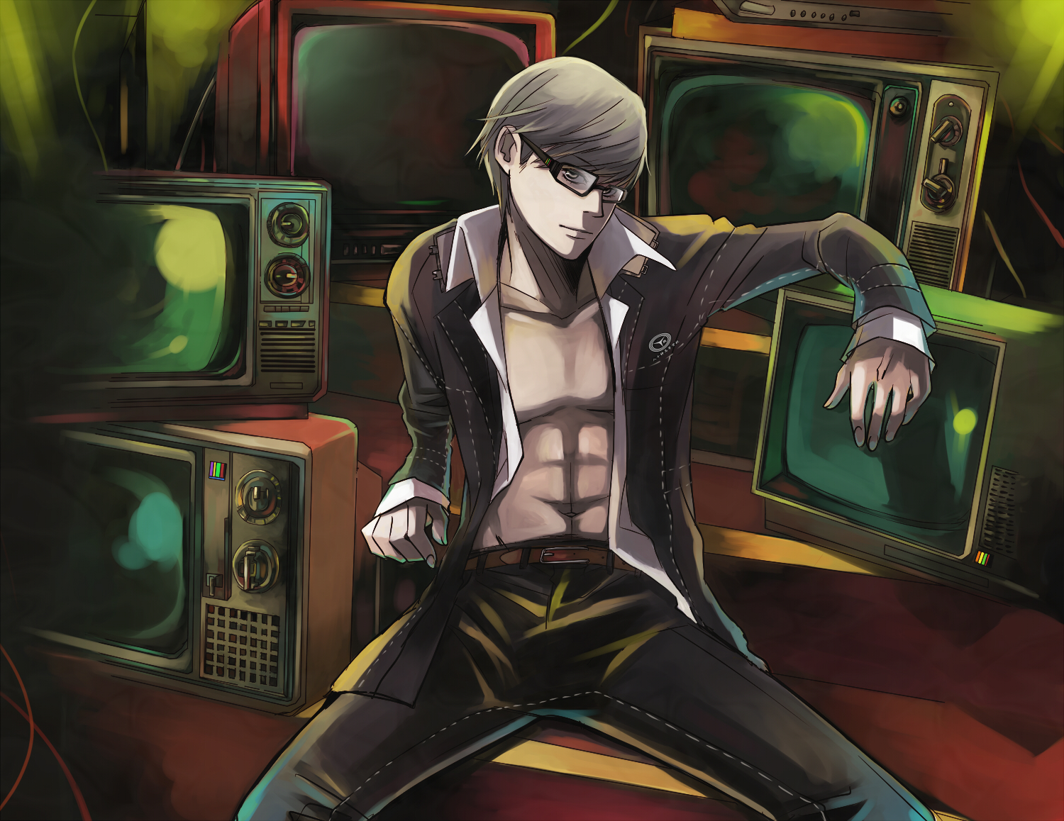 kazuki (kazu-king), narukami yu, atlus, persona, persona 4, bad id, bad pixiv id, abs, belt, glasses, grey eyes, grey hair, male focus, navel, open clothes, open shirt, school uniform, shirt, short hair, solo, spread legs, television