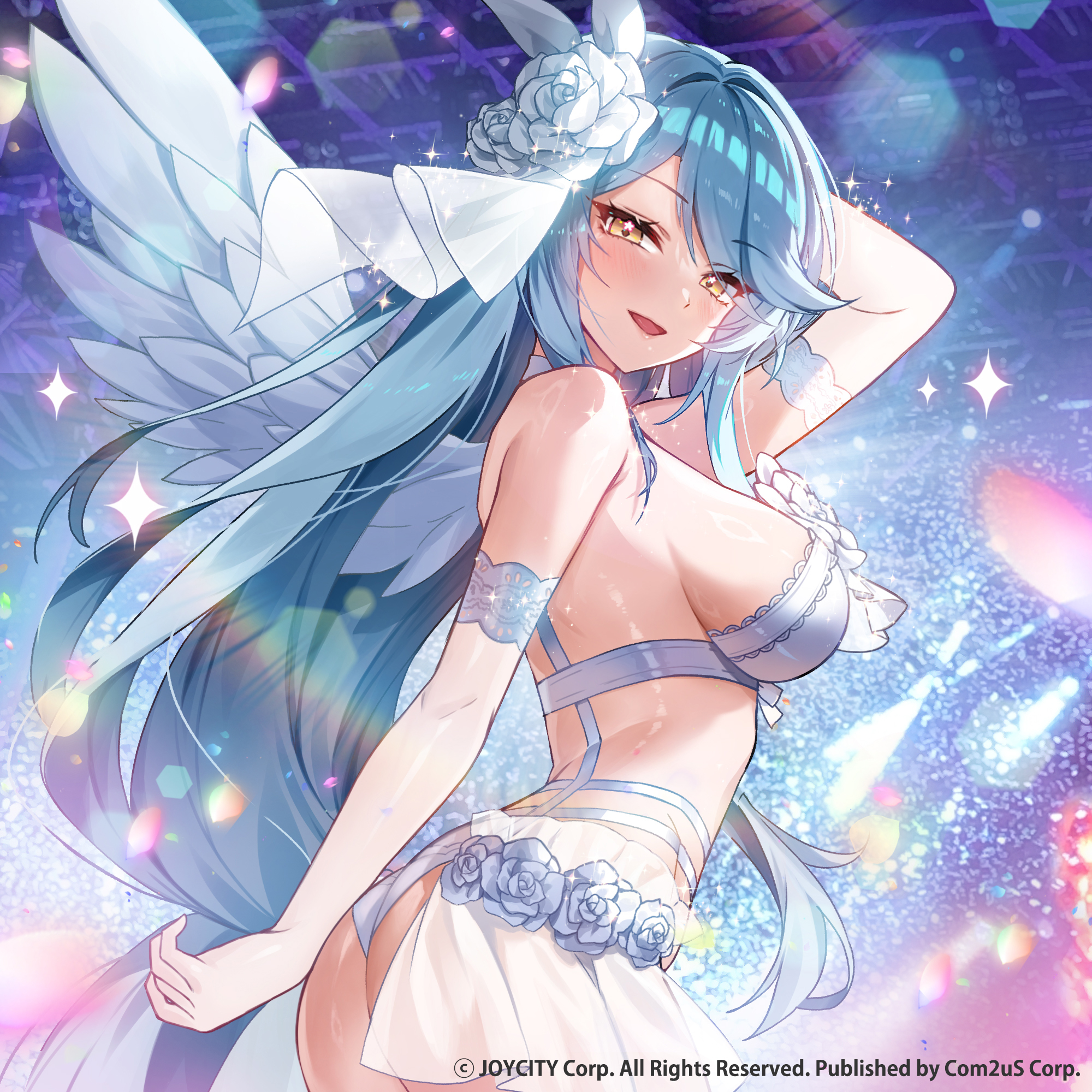 apple caramel, starseed: asnia trigger, commentary request, highres, official art, 1girl, arched back, ass, bare shoulders, blue hair, bra, breasts, choker, cowboy shot, elbow gloves, feathered wings, flower, from side, gloves, hair flower, hair ornament, lace, lace-trimmed bra, lace trim, large breasts, long hair, looking at viewer, looking to the side, open mouth, panties, see-through clothes, see-through gloves, smile, solo, swept bangs, underwear, very long hair, white bra, white choker, white panties, wings, yellow eyes