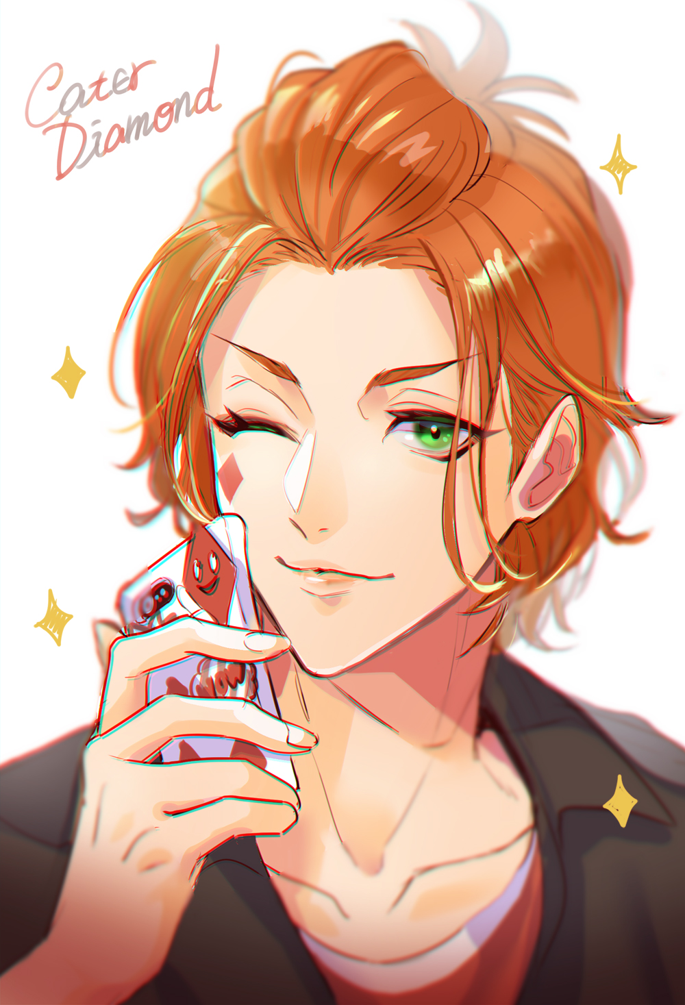 tantan notan, cater diamond, twisted wonderland, commentary request, highres, 1boy, black jacket, cellphone, character name, collarbone, diamond facial mark, facial mark, green eyes, holding, holding phone, jacket, looking at viewer, male focus, one eye closed, orange hair, phone, pursed lips, short hair, smartphone, solo, sparkle, upper body, white background