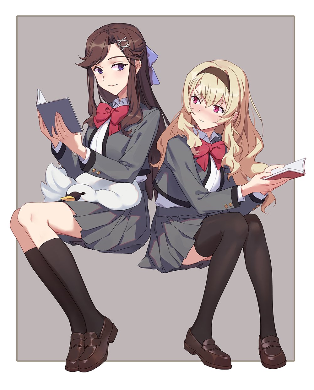 nanaseki7, saijou claudine, tendou maya, shoujo kageki revue starlight, highres, 2girls, black hairband, black socks, black thighhighs, blonde hair, blush, book, border, bow, bowtie, brown hair, brown shoes, closed mouth, collared shirt, full body, grey background, grey jacket, grey skirt, hair between eyes, hair bow, hair ornament, hairband, half updo, hands up, holding, holding book, invisible chair, jacket, kneehighs, knees together feet apart, legs together, loafers, long hair, long sleeves, looking at another, looking to the side, miniskirt, multiple girls, nose blush, open book, open clothes, open jacket, outside border, parted bangs, pink eyes, pleated skirt, purple bow, purple eyes, red bow, red bowtie, school uniform, seishou music academy uniform, shirt, shoes, sidelocks, sideways glance, simple background, sitting, skirt, smile, socks, stuffed animal, stuffed bird, stuffed toy, thighhighs, v-shaped eyebrows, wavy hair, white border, white shirt, x hair ornament