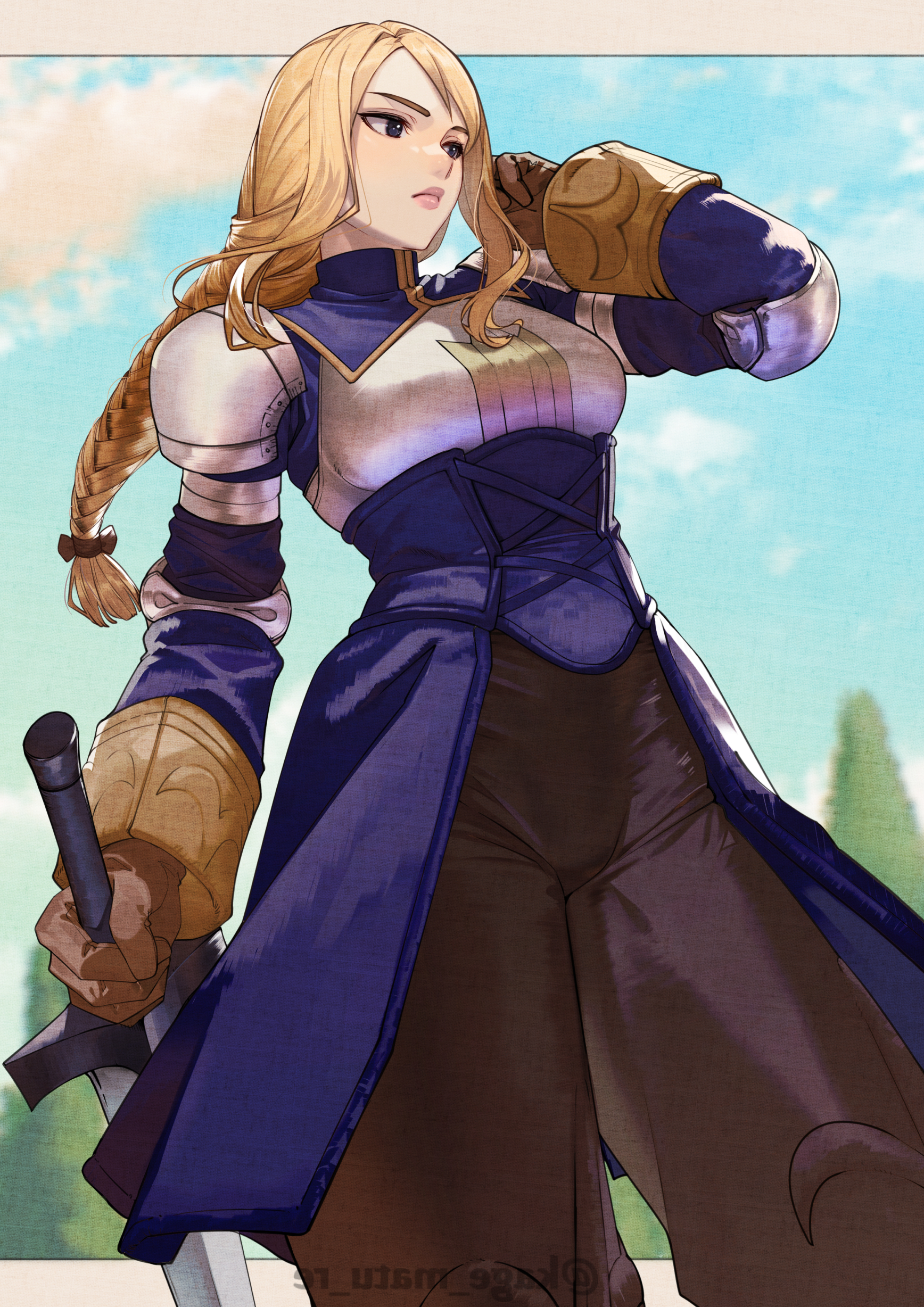 kagematsuri, agrias oaks, final fantasy, final fantasy tactics, absurdres, highres, 1girl, armor, black eyes, black pants, blonde hair, blue dress, blue sky, blurry, blurry background, braid, braided ponytail, breastplate, brown gloves, day, dress, gloves, hand in own hair, holding, holding sword, holding weapon, knight, lips, long hair, long sleeves, outdoors, pants, shoulder armor, sky, solo, standing, sword, tree, weapon