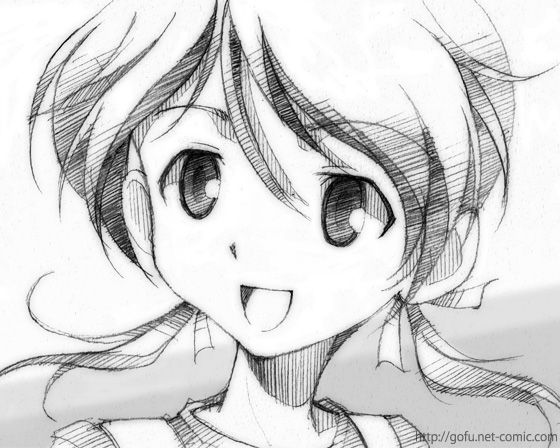 gofu, sonomiya karen, sky girls, eyebrows, looking away, traditional media, 00s, 1girl, :d, artist name, female focus, greyscale, hair between eyes, hair ribbon, low twintails, monochrome, open mouth, portrait, ribbon, sketch, smile, solo, twintails, watermark, web address