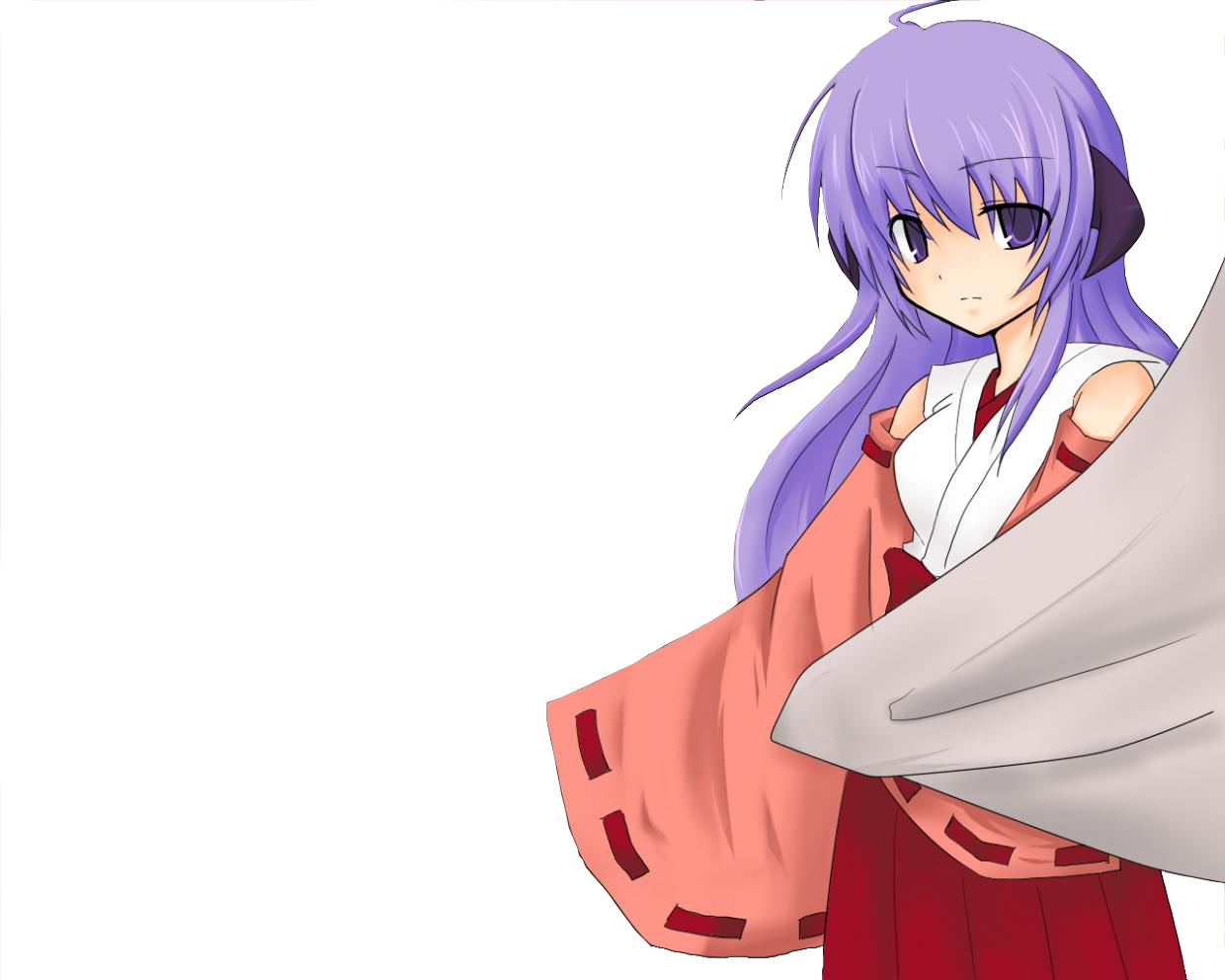 hanyuu, higurashi no naku koro ni, non-web source, 00s, 1girl, detached sleeves, female focus, hakama, hakama skirt, horns, japanese clothes, long hair, miko, purple eyes, purple hair, red hakama, skirt, solo, transparent background