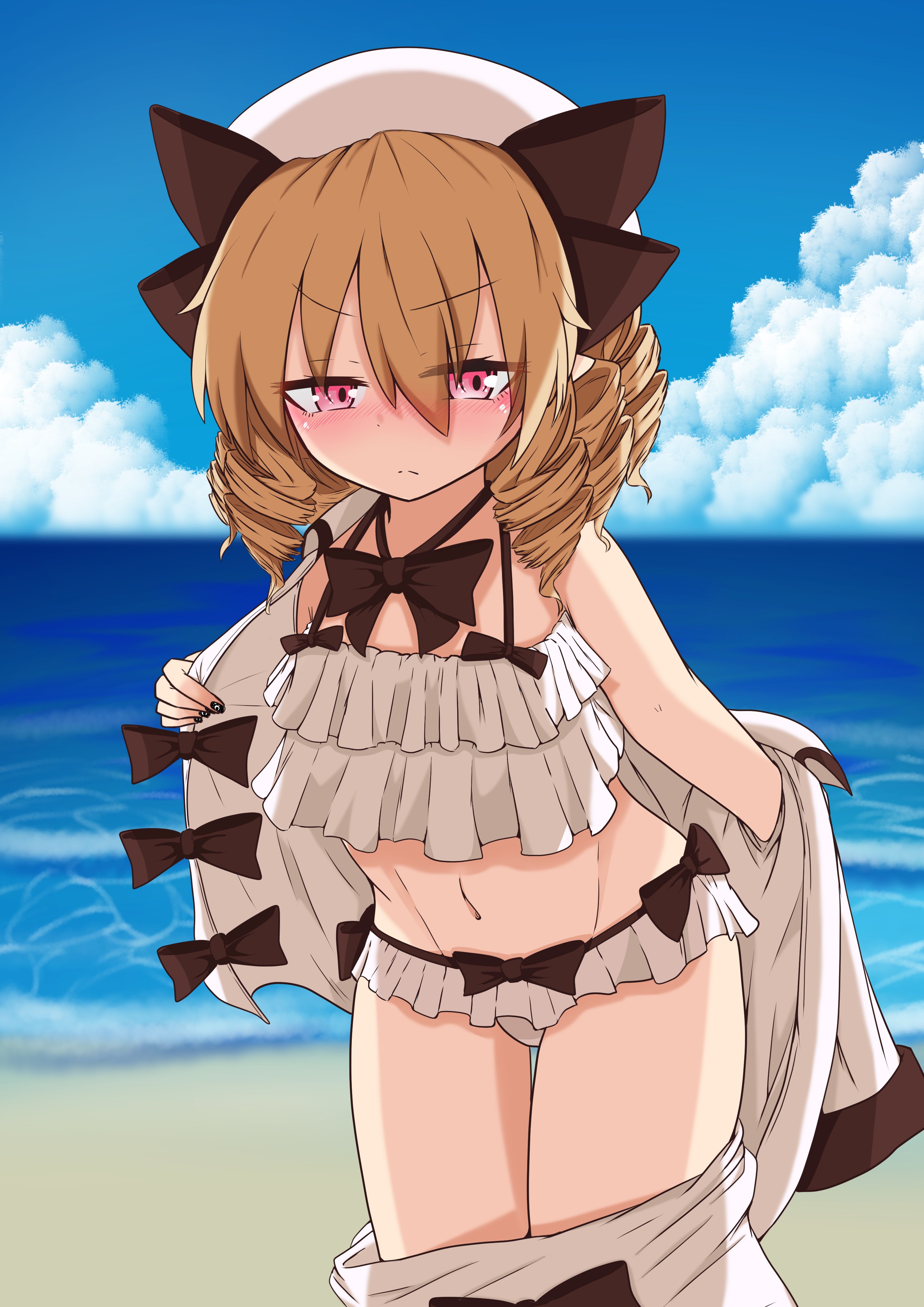 murasame0603, luna child, touhou, grabbing, thighs together, absurdres, highres, 1girl, beach, bikini, black bow, black nails, blonde hair, blue sky, blush, bow, closed mouth, clothes grab, cloud, cloudy sky, collared shirt, day, drill hair, ears, embarrassed, eyes visible through hair, fingernails, flat chest, frilled bikini, frills, frown, groin, hair between eyes, hat, hat ribbon, hip focus, long sleeves, looking to the side, multiple drills, nail polish, navel, ocean, petite, pointy ears, red eyes, ribbon, sand, shirt, sky, solo, standing, stomach, swimsuit, thigh gap, thighs, undressing, white bikini, white hat