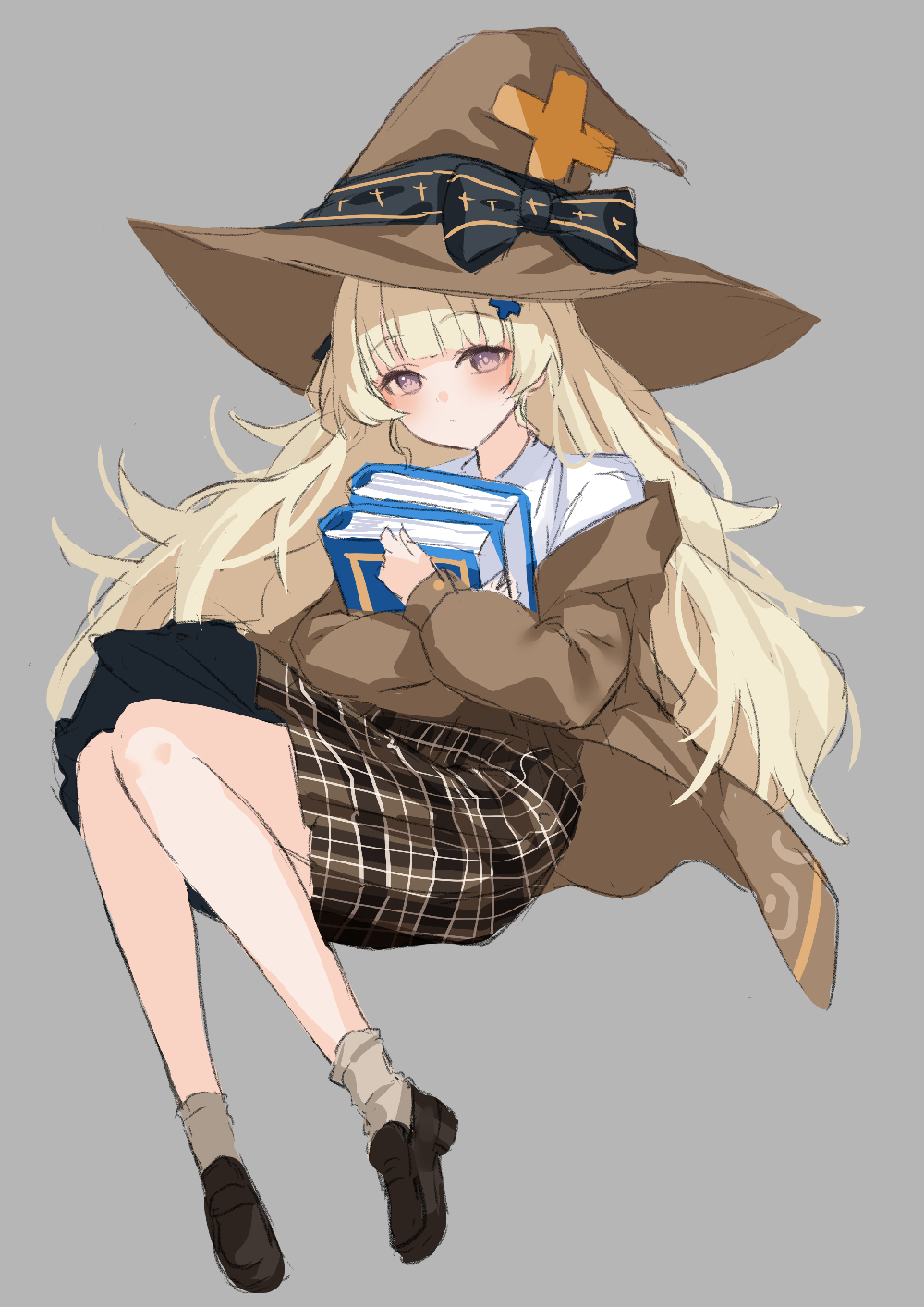 kuramoto beta-carotene, phoebe (wuthering waves), wuthering waves, commentary request, highres, 1girl, alternate costume, black bow, blonde hair, blush, book, bow, brown hat, brown jacket, brown skirt, full body, grey background, hair ornament, hat, hat bow, holding, holding book, jacket, long hair, looking at viewer, purple eyes, shirt, simple background, skirt, solo, very long hair, white shirt, witch hat, x hair ornament
