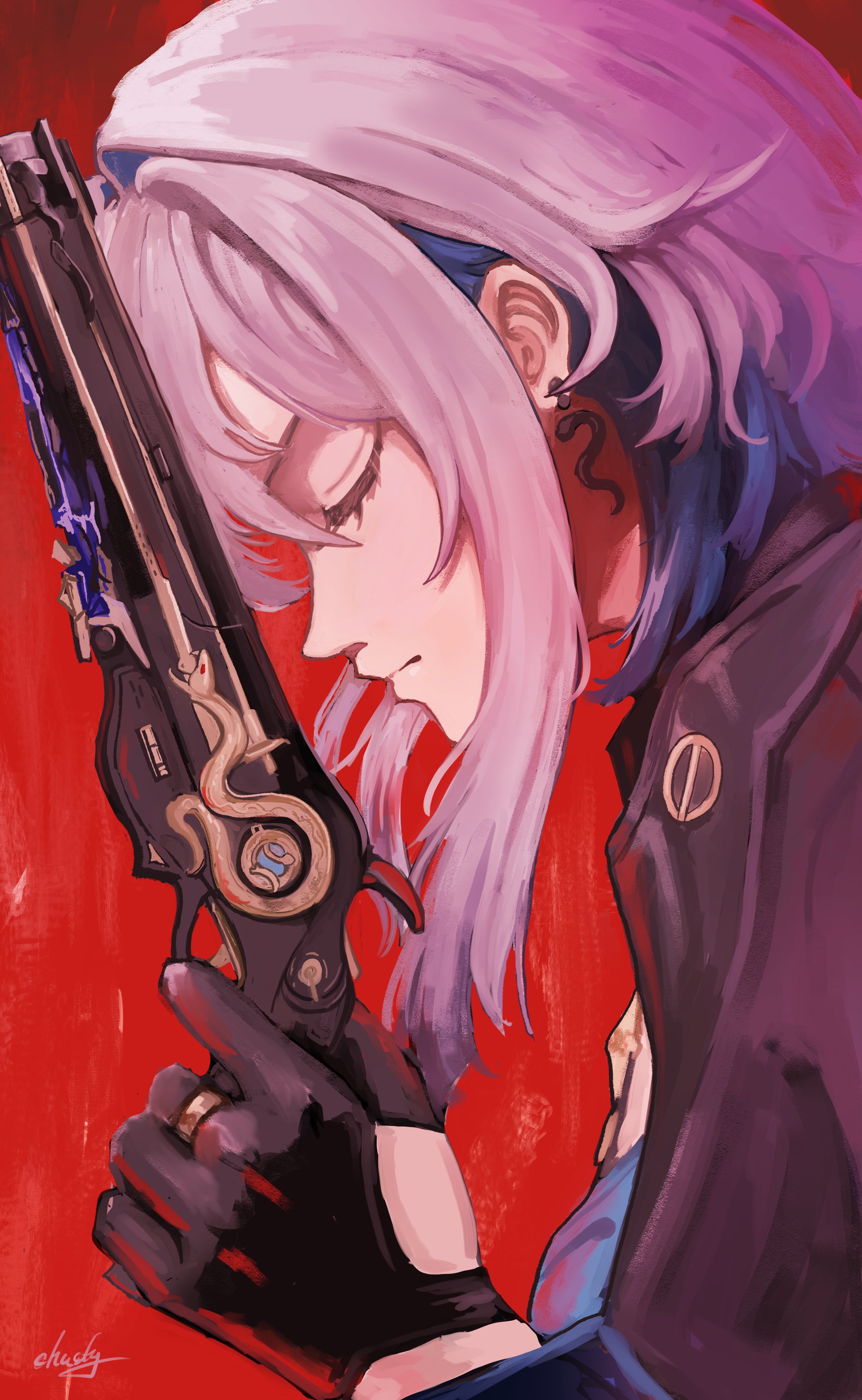 chucky (chucky1000sun), galbrena (wuthering waves), wuthering waves, absurdres, commentary request, highres, 1girl, black gloves, black jacket, blue bra, blue hair, bra, breasts, closed eyes, closed mouth, colored inner hair, earrings, from side, gloves, grey hair, gun, hair intakes, hand up, holding, holding gun, holding weapon, jacket, jewelry, medium breasts, medium hair, multicolored hair, profile, red background, signature, solo, underwear, weapon