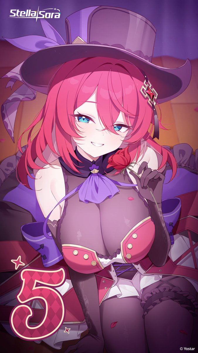 deyui, stella sora, commentary, english commentary, highres, official art, 1girl, bare shoulders, black hat, bodystocking, breasts, cleavage, elbow gloves, flora (stella sora), flower, frilled thigh strap, gloves, hair ornament, hand up, hat, holding, holding flower, large breasts, long hair, looking at viewer, parted lips, red flower, red rose, rose, sitting, smile, solo, thigh strap, top hat