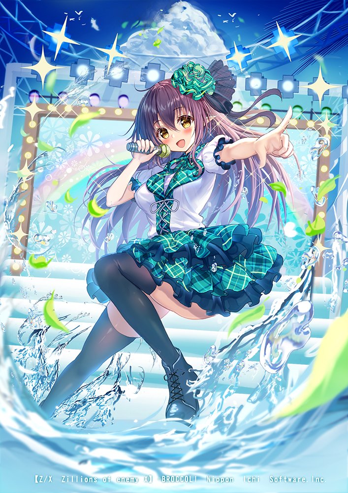 akabane (zebrasmise), z/x, official art, 1girl, black hair, black shoes, black thighhighs, concert, copyright notice, hair ornament, holding, holding microphone, idol clothes, long hair, microphone, open mouth, outdoors, pecteilis, pointing, pointy ears, screen, shoes, solo, sparkle, splashing, stage, thighhighs, water drop, yellow eyes