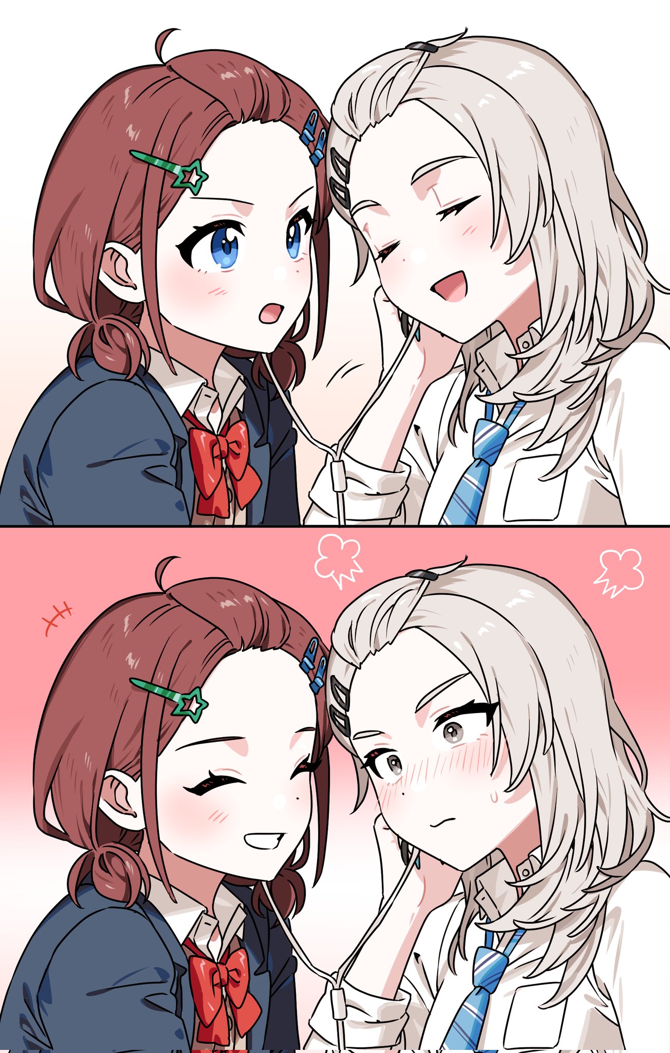 habsida (habsida hpy), iseri nina, kawaragi momoka, girls band cry, commentary, corrupted twitter file, highres, korean commentary, 2girls, bangs pinned back, blue eyes, blue jacket, blue necktie, blush, bow, bowtie, breast pocket, brown hair, closed eyes, closed mouth, collared shirt, diagonal-striped clothes, diagonal-striped necktie, earphones, grey eyes, grey hair, gyaru, hair ornament, hairclip, jacket, long hair, low twintails, multiple girls, necktie, open mouth, parallel hairclips, pocket, puff of air, red bow, red bowtie, school uniform, shared earphones, shirt, short hair, short twintails, striped clothes, sweatdrop, twintails, white shirt