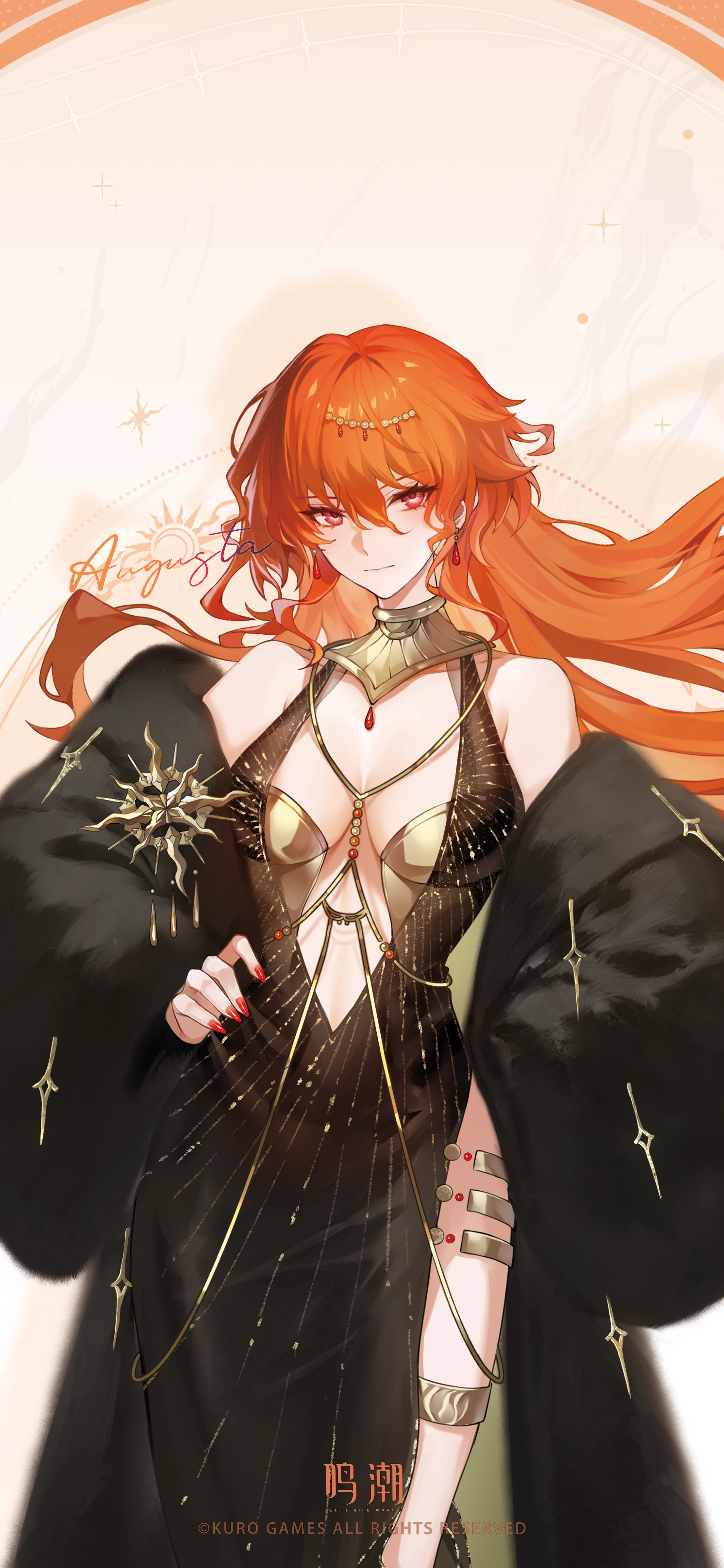 augusta (wuthering waves), wuthering waves, absurdres, chinese commentary, commentary request, highres, official art, 1girl, bare shoulders, black dress, breasts, center opening, character name, closed mouth, dress, earrings, feather boa, hair between eyes, hand on own hip, jewelry, logo, long hair, looking at viewer, medium breasts, official alternate costume, orange hair, red eyes, side slit, solo, thighlet