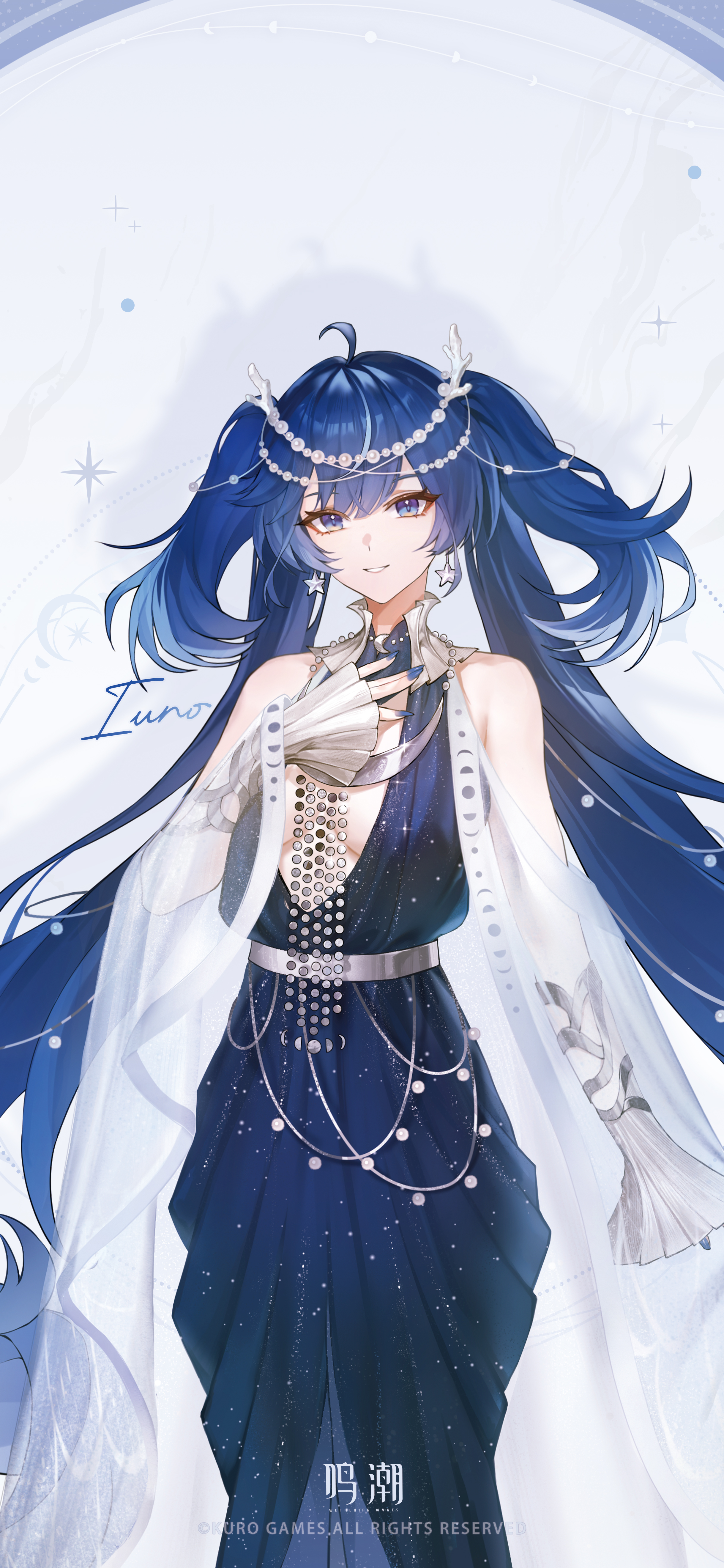 iuno (wuthering waves), wuthering waves, absurdres, chinese commentary, commentary request, highres, official art, 1girl, ahoge, bare shoulders, blue dress, blue eyes, blue nails, breasts, character name, cleavage, dress, fingernails, hand on own chest, jewelry, logo, long dress, long hair, looking at viewer, medium breasts, multicolored hair, nail polish, official alternate costume, parted lips, smile, solo, streaked hair, twintails, very long hair