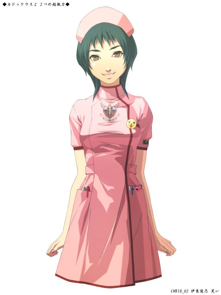 doi masayuki, leslie sears, chou shittou caduceus, official art, 1girl, brown eyes, dress, female focus, green hair, nail polish, nurse, pen, pink nails, scissors, short hair, smile, solo, wrists extended
