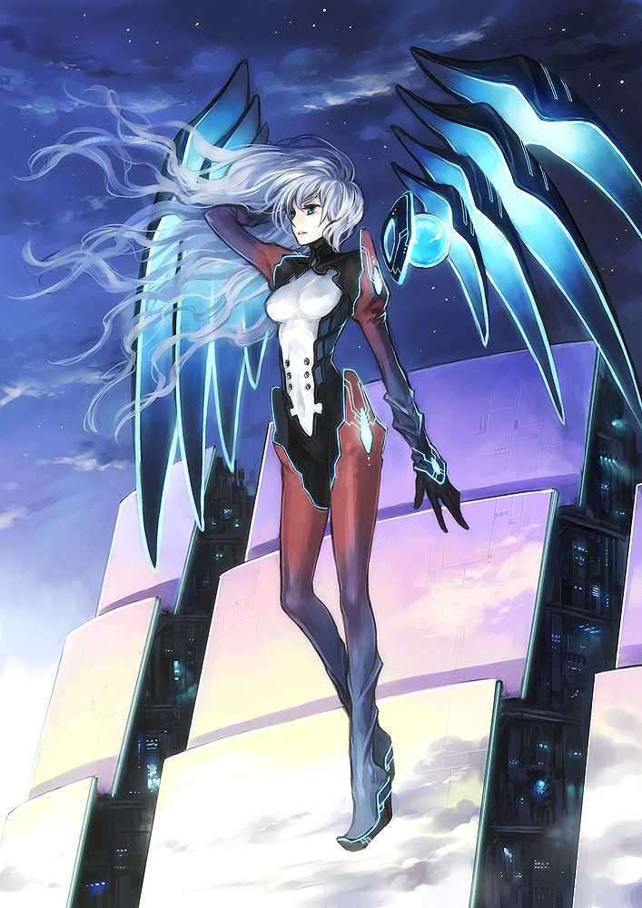 ashi, original, 1girl, blue wings, boots, earrings, female focus, full body, gloves, glowing, green eyes, high heels, jewelry, long hair, neon trim, outdoors, shoes, solo, thigh boots, thighhighs, white hair, wings
