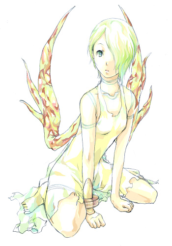 yue (lov n n), nina (breath of fire v), breath of fire, breath of fire v, bad id, bad pixiv id, lowres, 1girl, dress, female focus, green hair, red wings, solo, wings