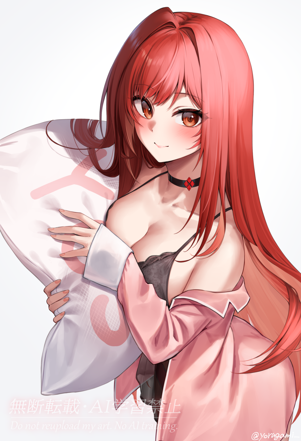 yorugami rei, rapi (nikke), rapi (red hood) (cherished red), rapi (red hood) (nikke), goddess of victory: nikke, highres, 1girl, black choker, black dress, breasts, choker, cleavage, closed mouth, collarbone, dress, hair intakes, holding, holding pillow, large breasts, long hair, pillow, pink shirt, red eyes, red hair, shirt, simple background, sleepwear, smile, solo, very long hair, white background, yes-no pillow
