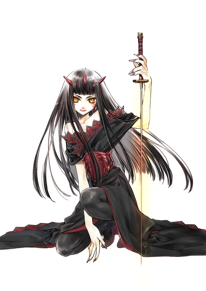 ashi, original, 1girl, bare shoulders, black hair, dress, female focus, fingernails, horns, katana, lipstick, long fingernails, long hair, makeup, monster girl, nail (hardware), nail polish, pantyhose, red nails, solo, squatting, sword, weapon, yellow eyes