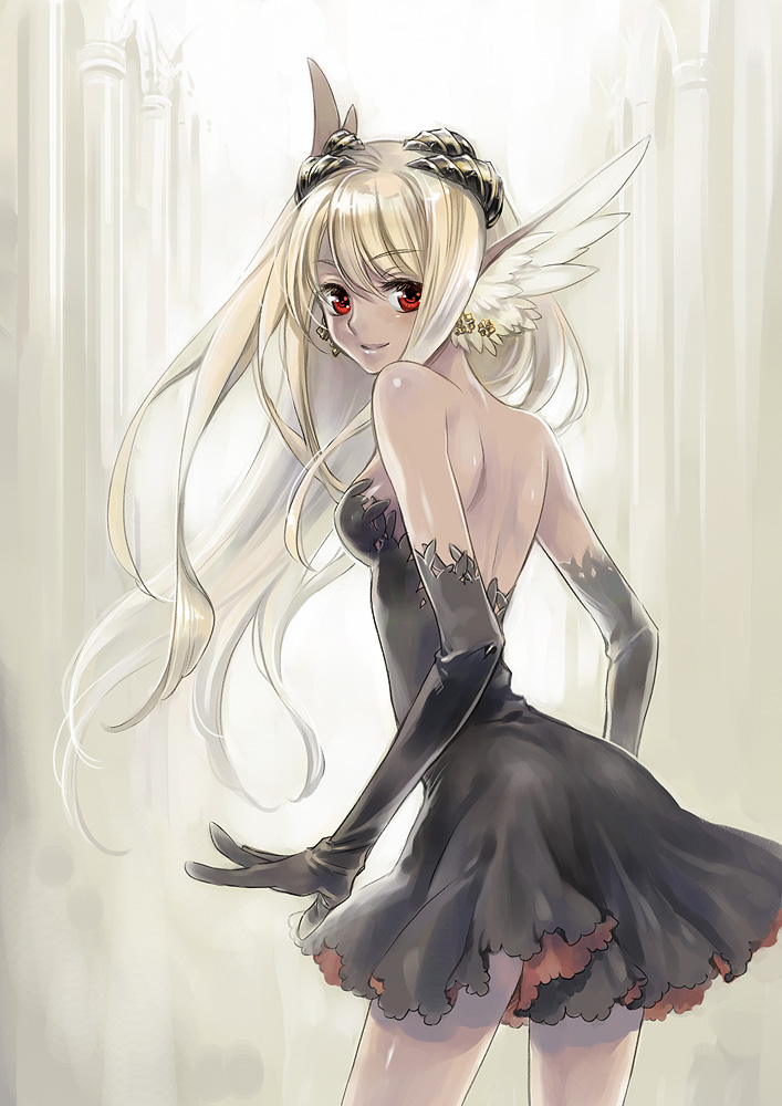 ashi, original, 1girl, animal ears, back, blonde hair, dark-skinned female, dark skin, dress, elbow gloves, female focus, gloves, head wings, horns, long hair, looking back, red eyes, smile, solo, wings