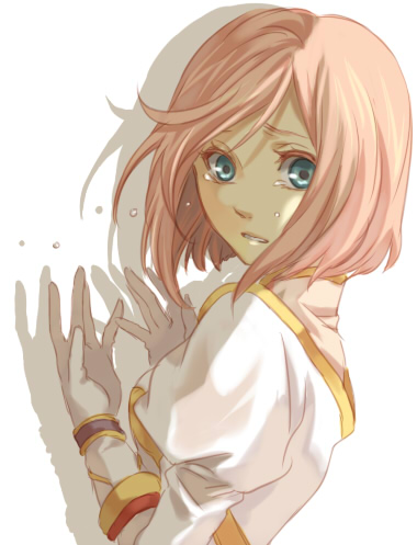 estellise sidos heurassein, tales of (series), tales of vesperia, lowres, 00s, 1girl, aqua eyes, bob cut, crying, crying with eyes open, female focus, gloves, green eyes, looking at viewer, pink hair, shadow, short hair, simple background, solo, tears, white background