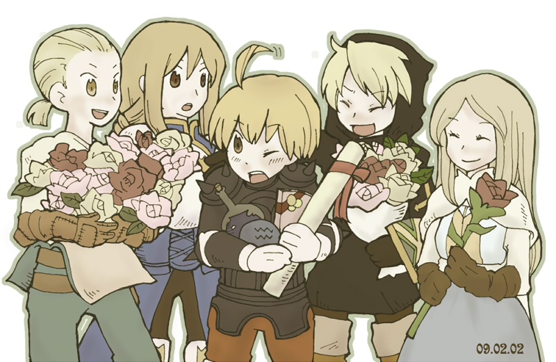 sahara (artist), agrias oaks, knight (fft), mustadio bunansa, ramza beoulve, squire (fft), final fantasy, final fantasy tactics, bad id, bad pixiv id, 2girls, 3boys, ahoge, armor, blonde hair, bottle, braid, cape, flower, hood, multiple boys, multiple girls, ponytail, spikes