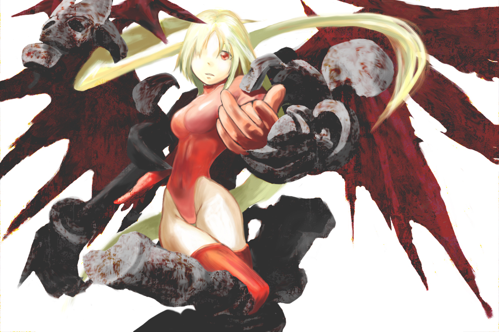 y maou, ultima (fft), final fantasy, final fantasy tactics, 1girl, angel wings, armor, bat wings, bodysuit, covered navel, feathers, female focus, floating hair, foreshortening, gloves, groin, hair over one eye, head wings, highleg, highleg leotard, leotard, long hair, looking at viewer, outstretched arm, parted bangs, red eyes, red leotard, red thighhighs, simple background, skeleton, solo, thigh gap, thighhighs, turtleneck, very long hair, white background, white hair, wings