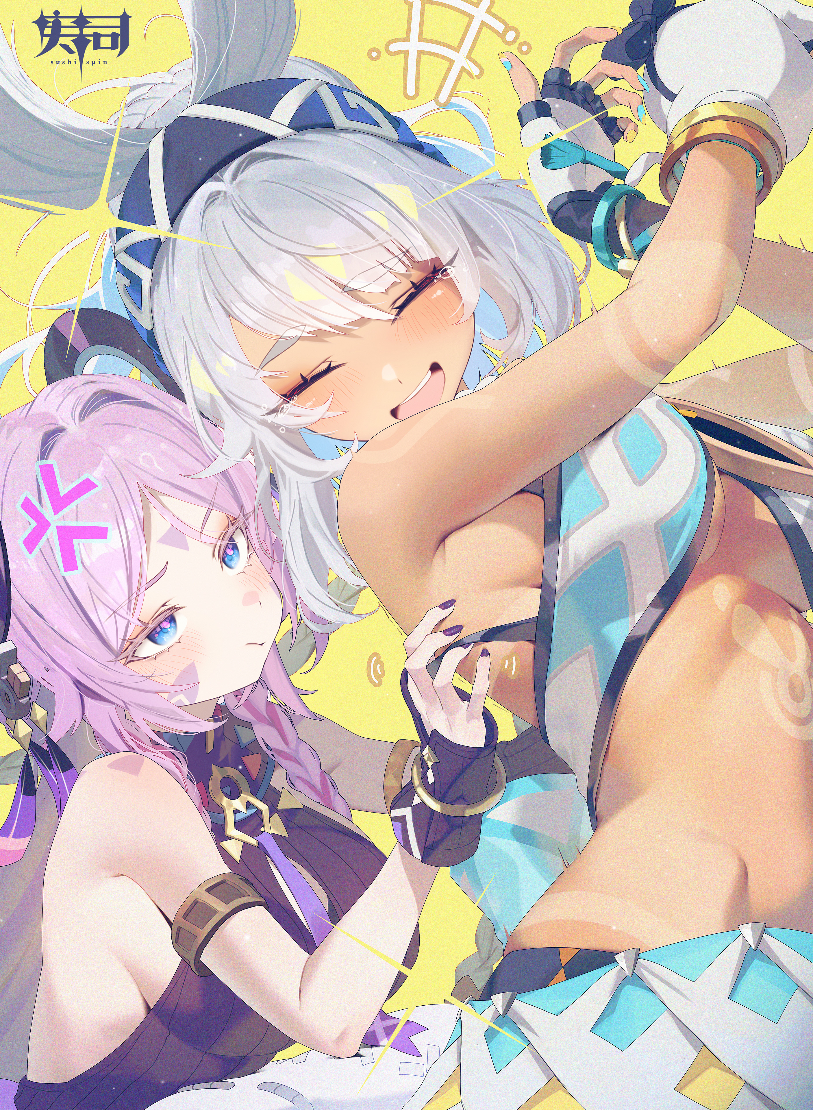 sushispin, citlali (genshin impact), mualani (genshin impact), genshin impact, absurdres, highres, 2girls, :/, anger vein, blue eyes, blue hairband, blush, body markings, breasts, closed eyes, facial mark, fingerless gloves, floating headgear, forehead mark, gloves, grey hair, hairband, hands up, hawaiian clothes, headgear, heattech leotard, leotard, medium breasts, multiple girls, open mouth, pink hair, pink pupils, ring hair ornament, sideboob, tan, tanline, tearing up, triangle, triangle facial mark, turtleneck, twitching, white gloves, yellow background, yuri